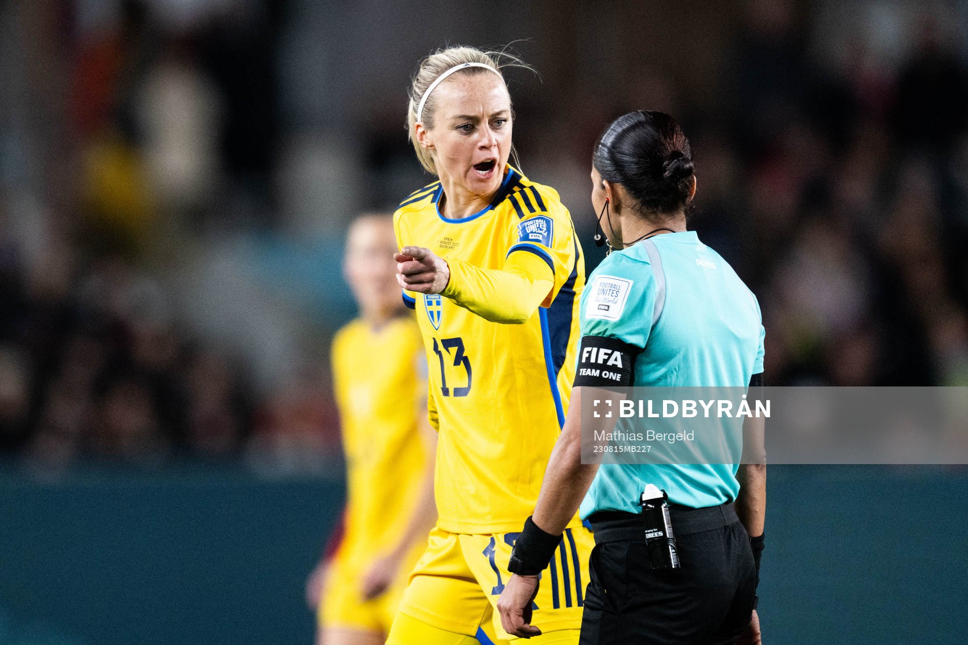 Amanda Ilestedt of Sweden reacts to referee Edina Alves