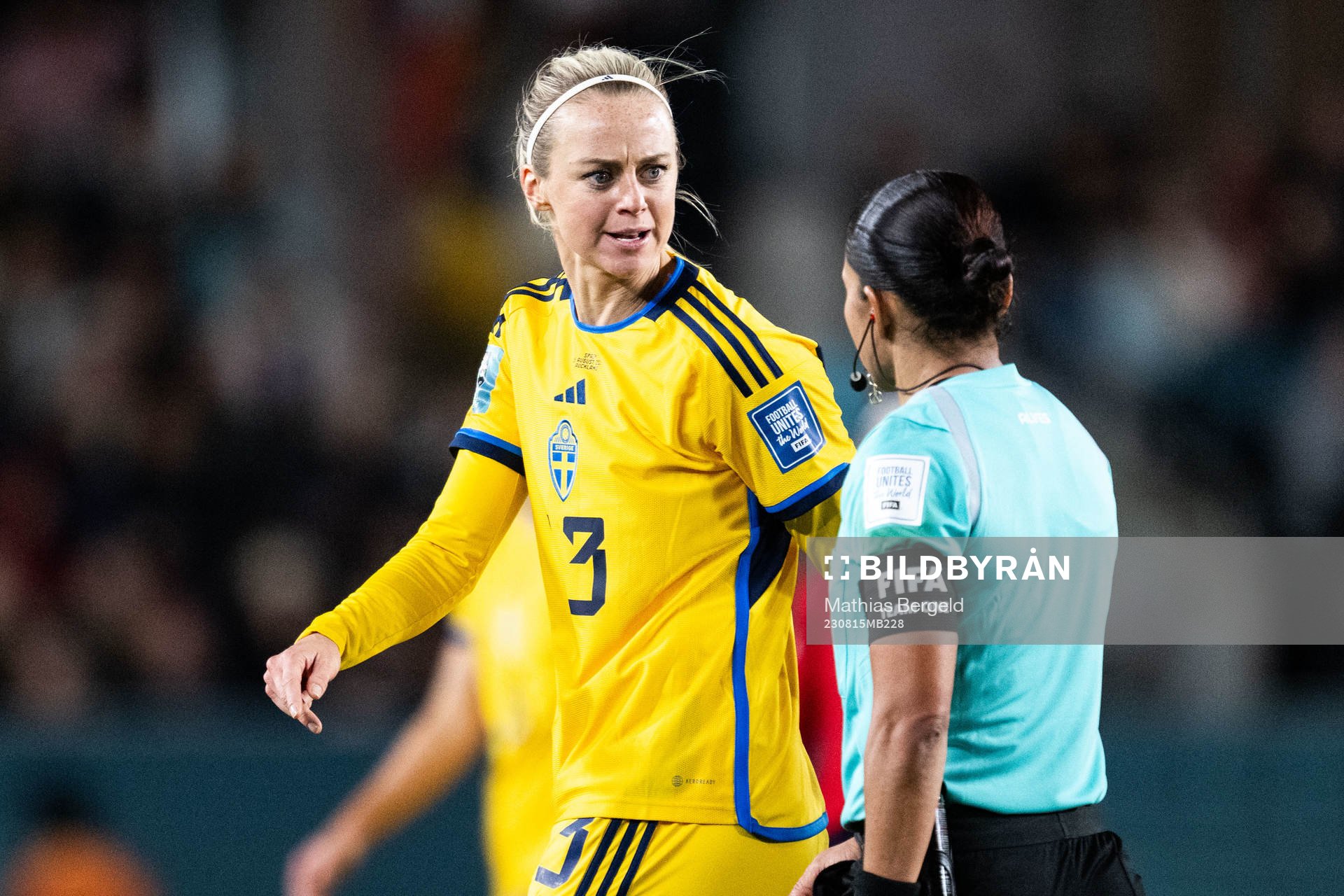 Amanda Ilestedt of Sweden reacts to referee Edina Alves