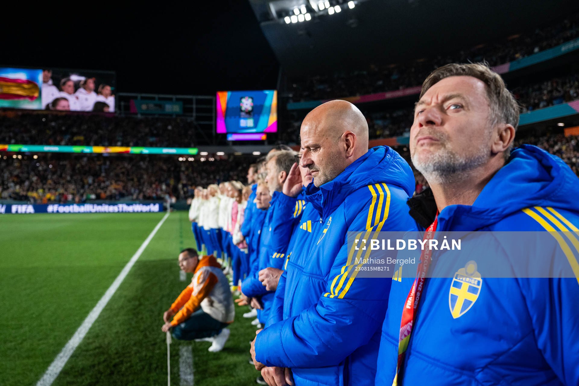 Assistant coach Magnus Wikman and head coach Peter Gerhardsson of Sweden ahead of the FIFA Women's World Cup semifinal between Spain and Sweden on August 15, 2023 in Auckland.