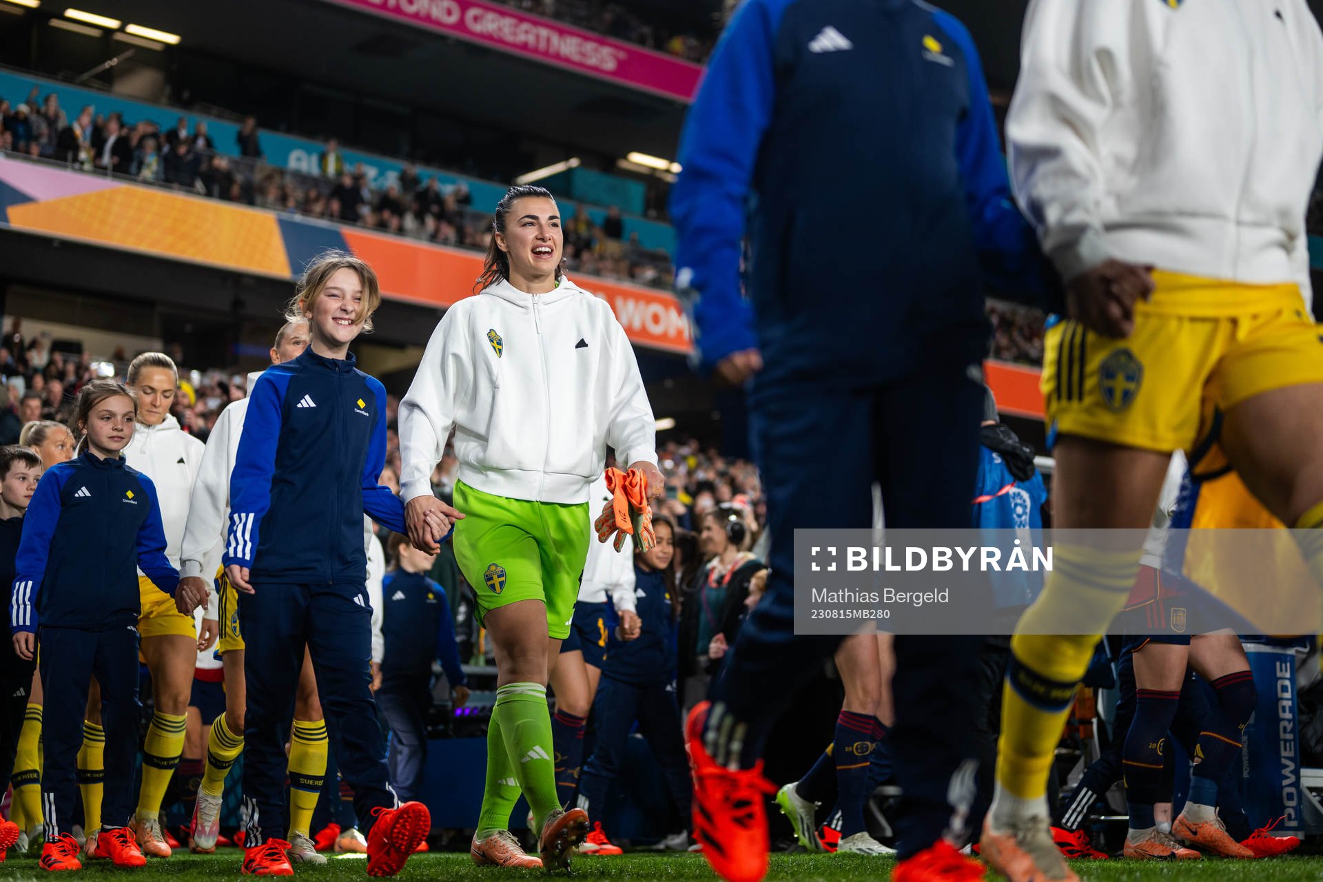 Goalkeeper Zecira Musovic of Sweden enters the pitch