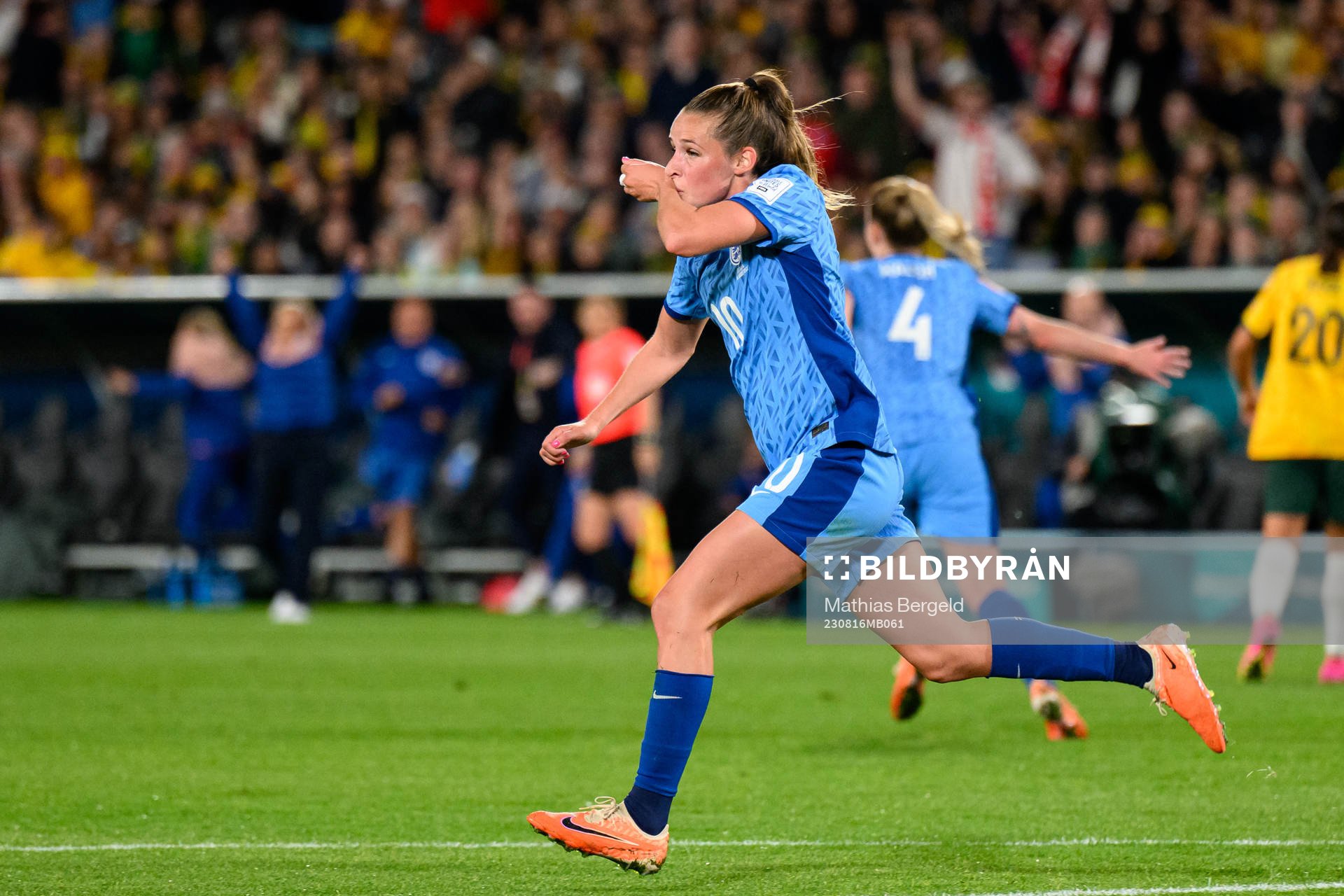 Ella Toone of England celebrates after 0-1 during the FIFA Women's World Cup semifinal between Australia and England on August 16, 2023 in Sydney.