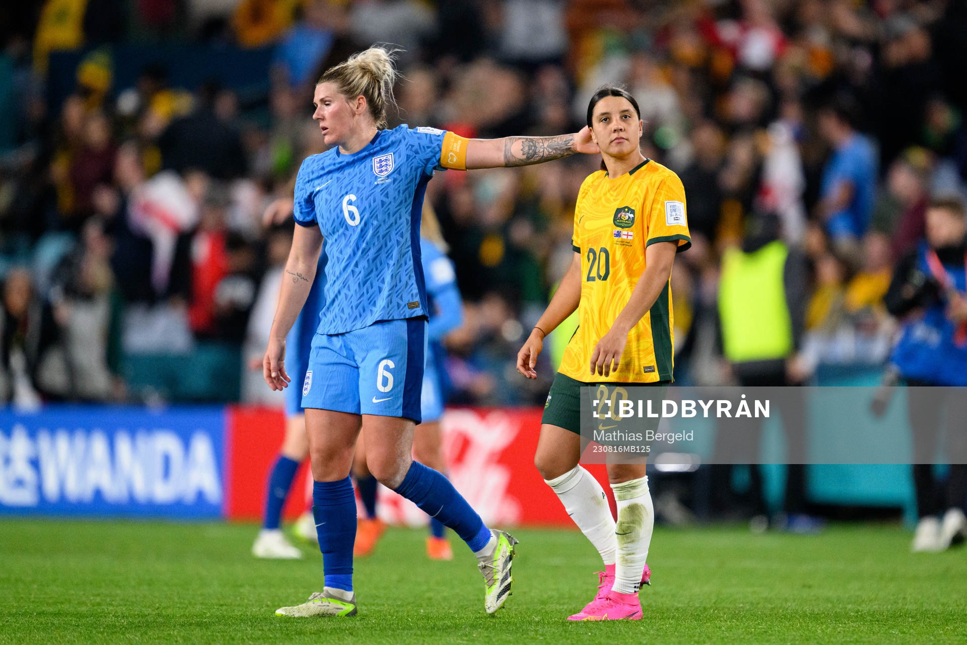 Millie Bright of England and Sam Kerr of Australia