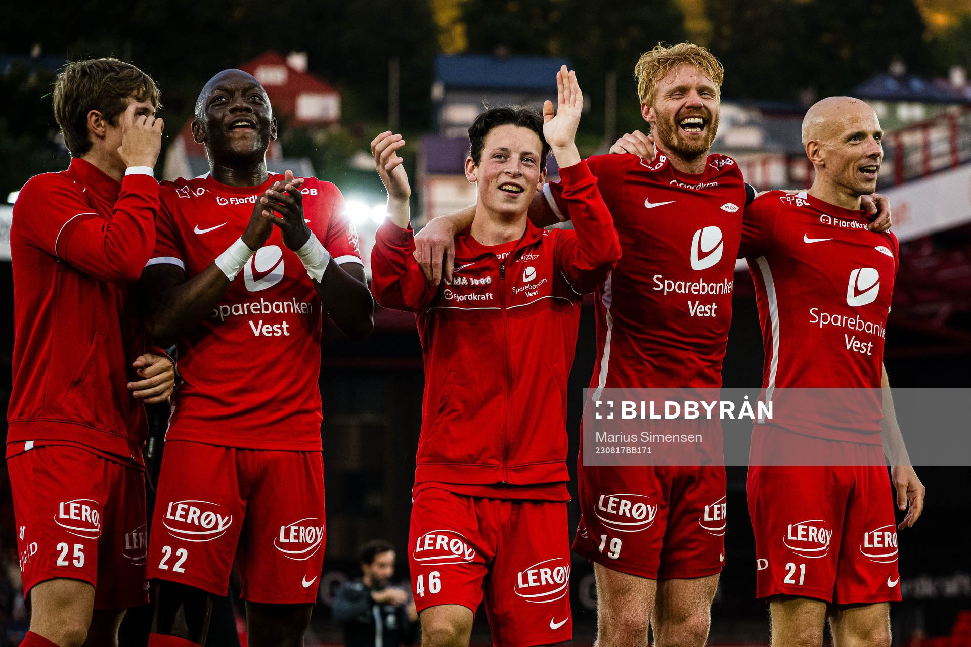 Niklas Jensen Wassberg, Monga Aluta Simba, Sivert Heltne Nilsen and Ruben Kristiansen of Brann celebrates after the UEFA Europa Conference League qualifying match between Brann and Arouca on August 17, 2023 in Bergen.