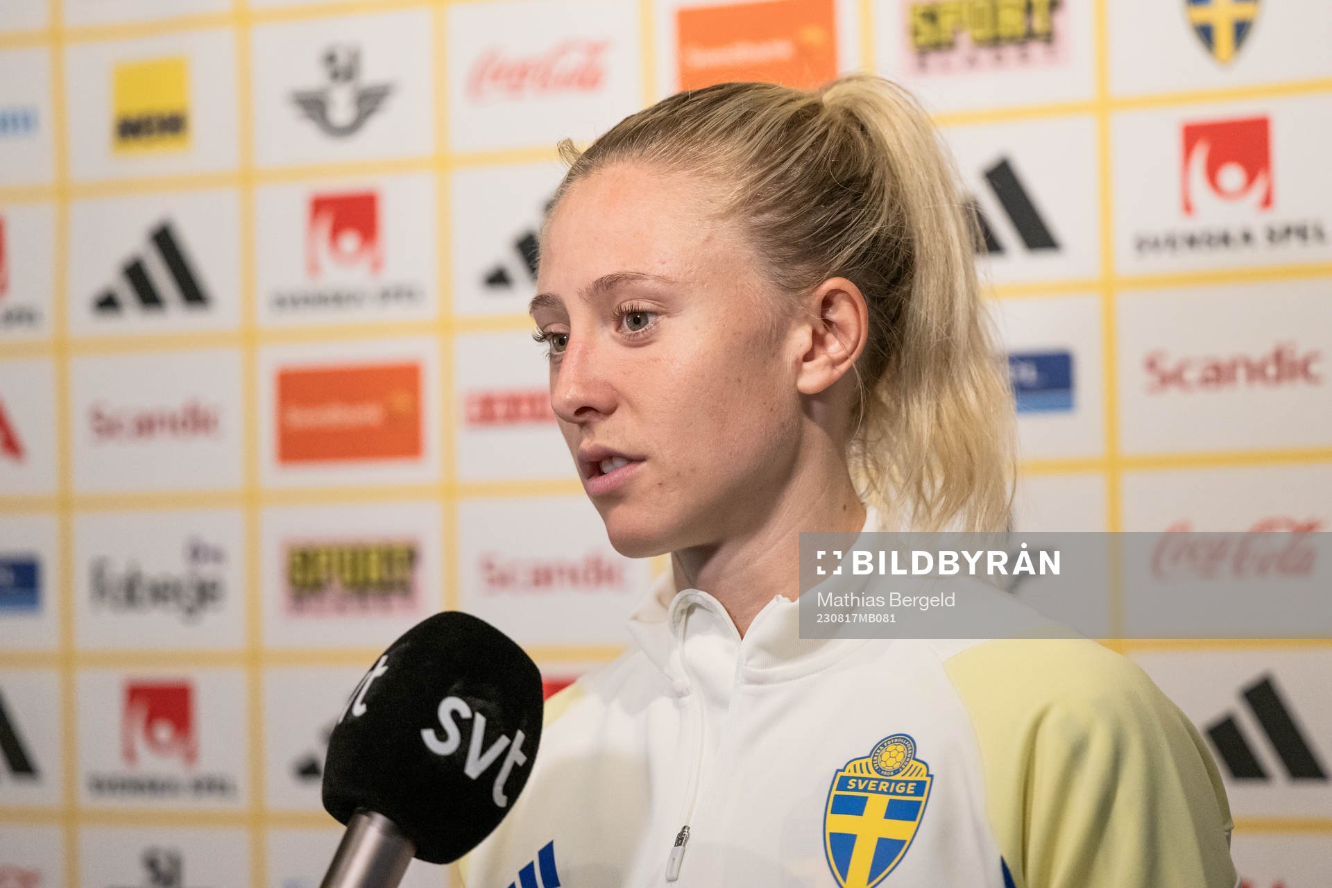 Rebecka Blomqvist of the Swedish women's national football team is interviewed at a press event during the FIFA Women's World Cup on August 17, 2023 in Brisbane. 