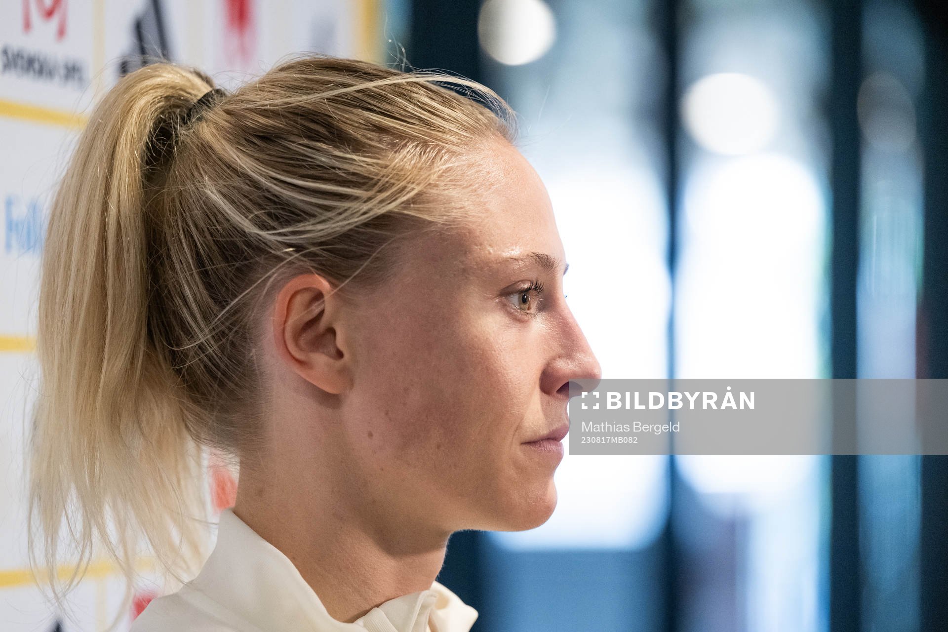 Rebecka Blomqvist of the Swedish women's national football team is interviewed at a press event during the FIFA Women's World Cup on August 17, 2023 in Brisbane.