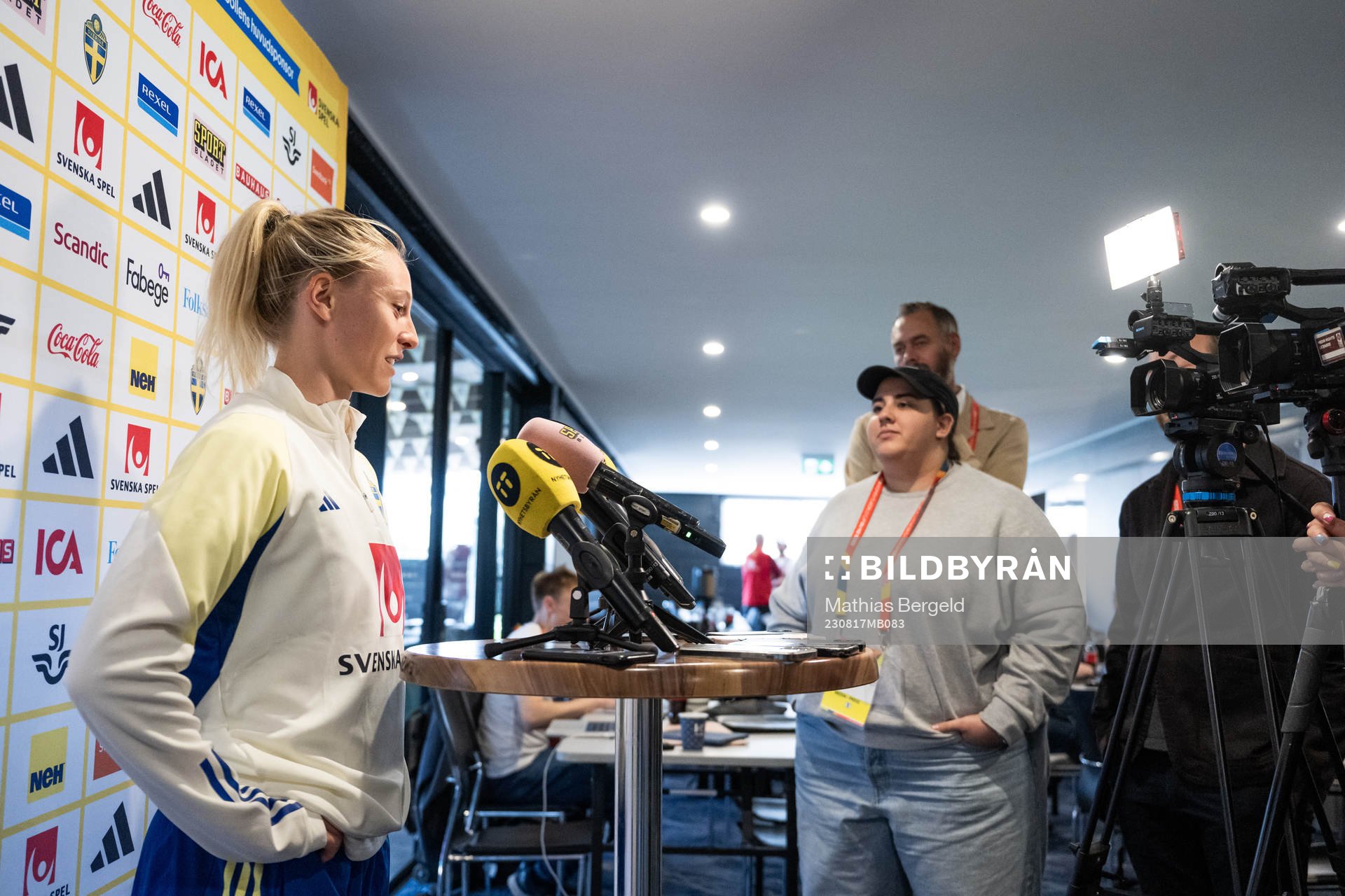 Rebecka Blomqvist of the Swedish women's national football team is interviewed at a press event during the FIFA Women's World Cup on August 17, 2023 in Brisbane.