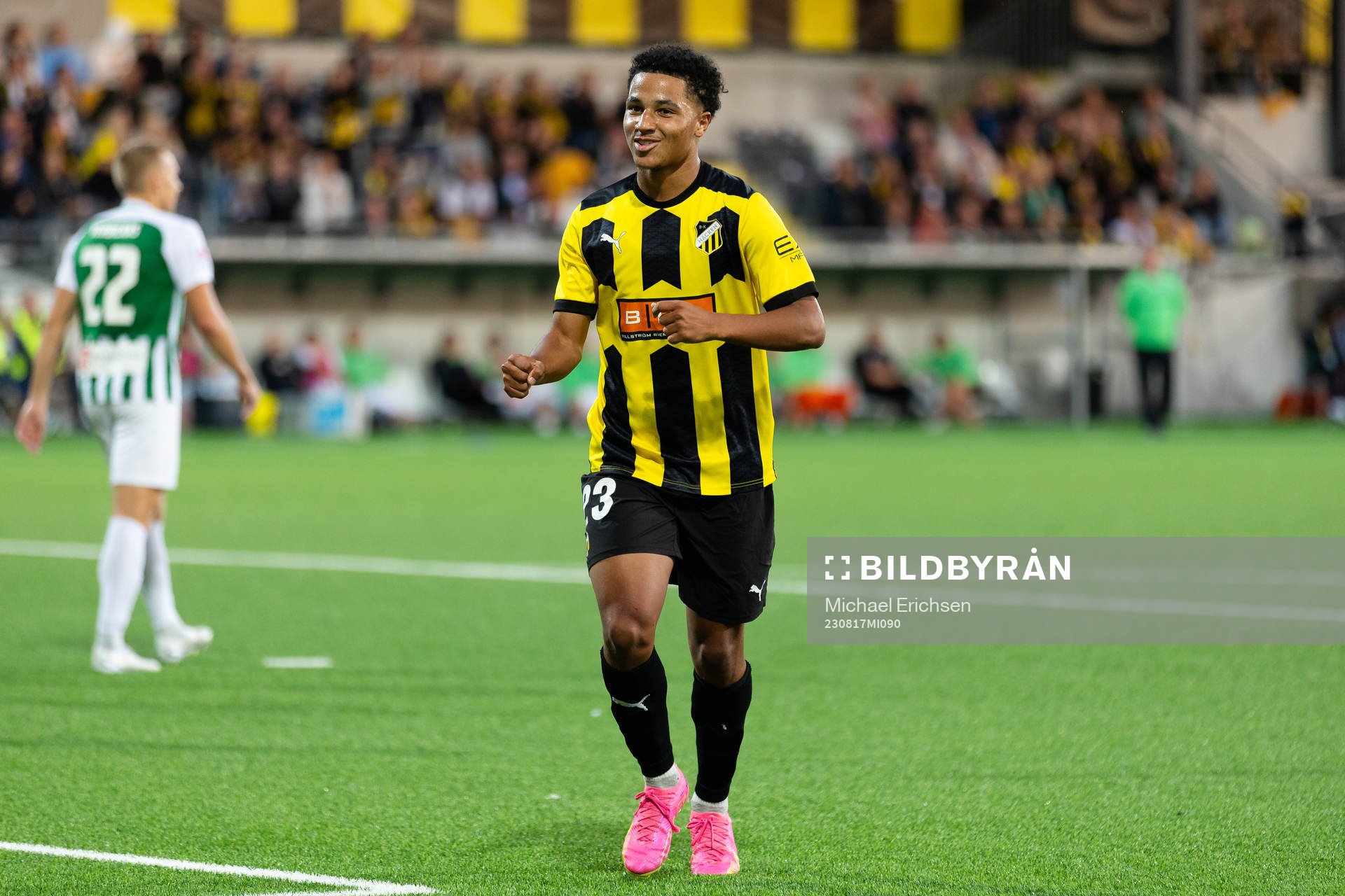 Momodou Lamin Sonko of Häcken celebrates after scoring 5-0 during the UEFA Europa League qualification match between BK Häcken and Zalgiris Vilnius on August 17, 2023 in Göteborg.