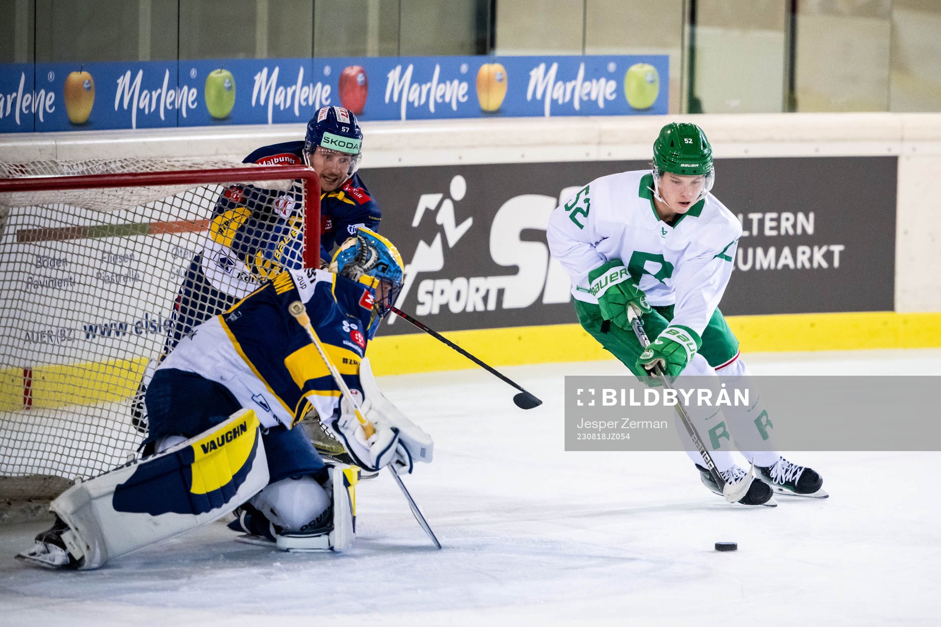 Goalkeeper Sandro Aeschlimann of Davos and Felix Nilsson of