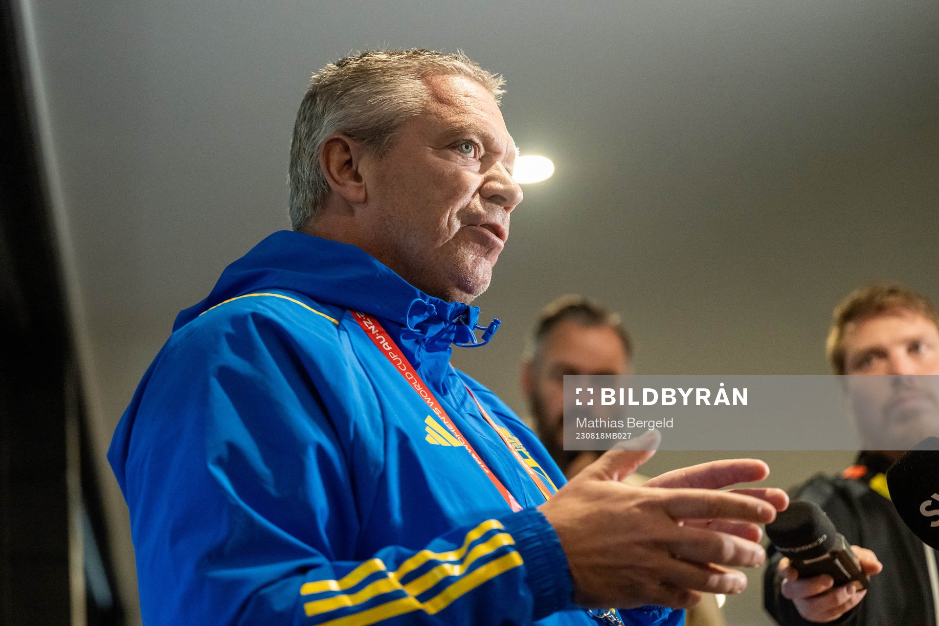Martin Fredman, Head of security for the Swedish Football Association, is interviewed at a training session with the Swedish women's national football team during the FIFA Women's World Cup on August 18, 2023 in Brisbane. 