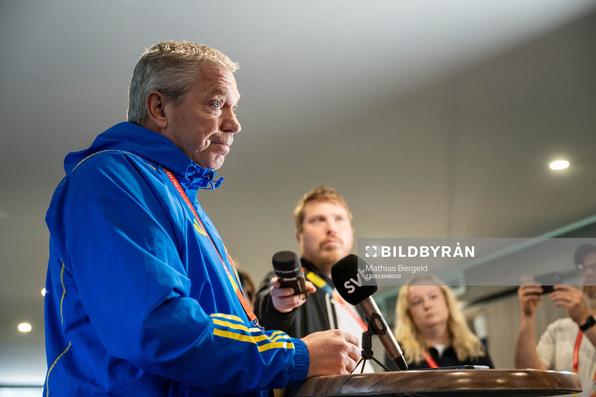 Martin Fredman, Head of security for the Swedish Football Association, is interviewed at a training session with the Swedish women's national football team during the FIFA Women's World Cup on August 18, 2023 in Brisbane.