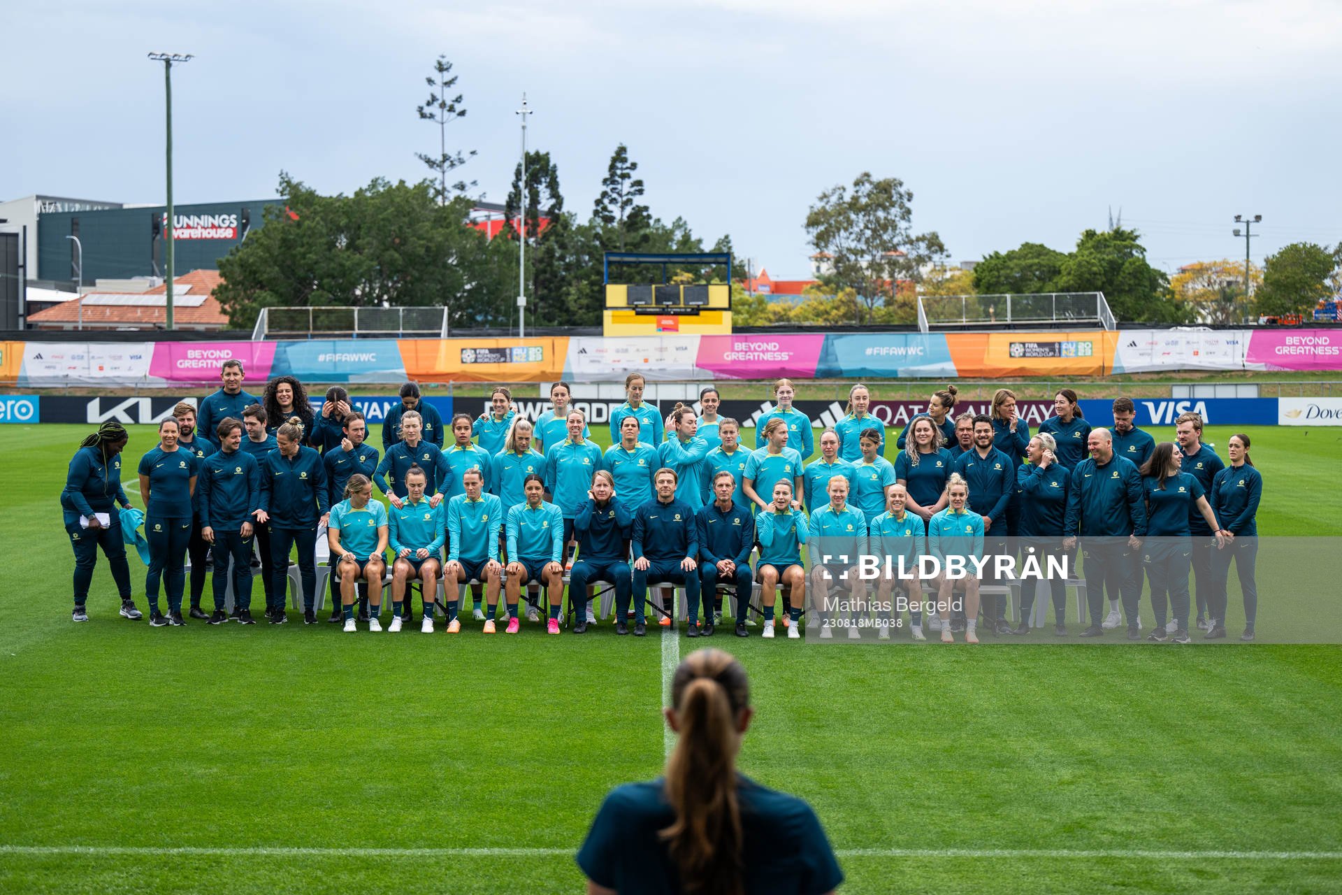 Players and staff of the Australian women's national football team pose for a picture at a training session during the FIFA Women's World Cup on August 18, 2023 in Brisbane.