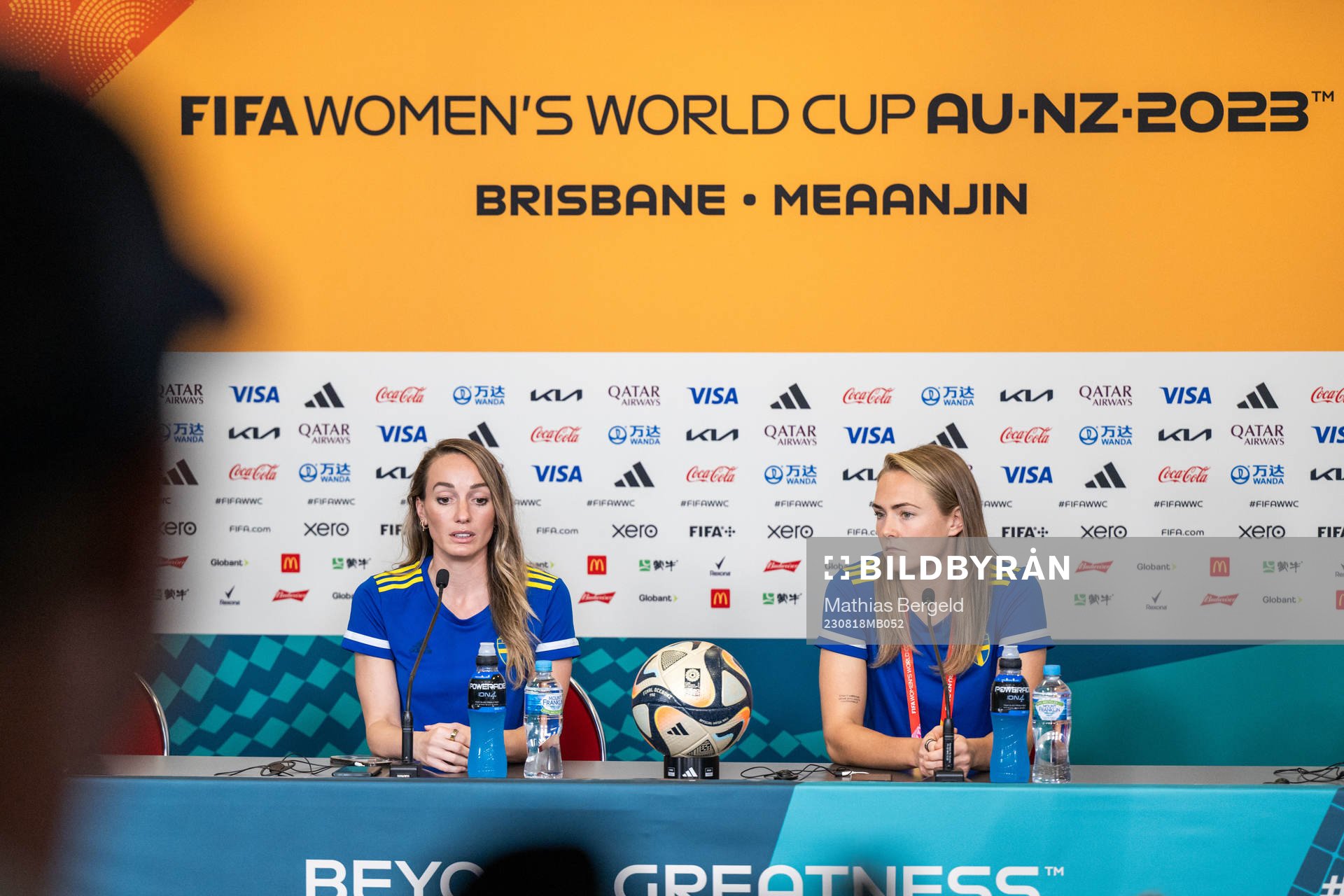 Kosovare Asllani and Magdalena Eriksson of the Swedish women's national football team at a press conference during the FIFA Women's World Cup on August 18, 2023 in Brisbane.