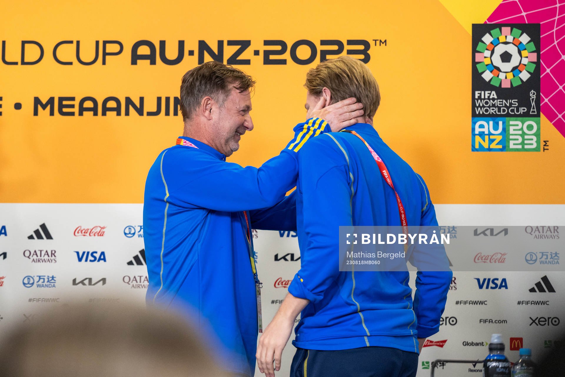 Head coach Peter Gerhardsson and press officer Fredrik Madestam of the Swedish women's national football team at a press conference during the FIFA Women's World Cup on August 18, 2023 in Brisbane.