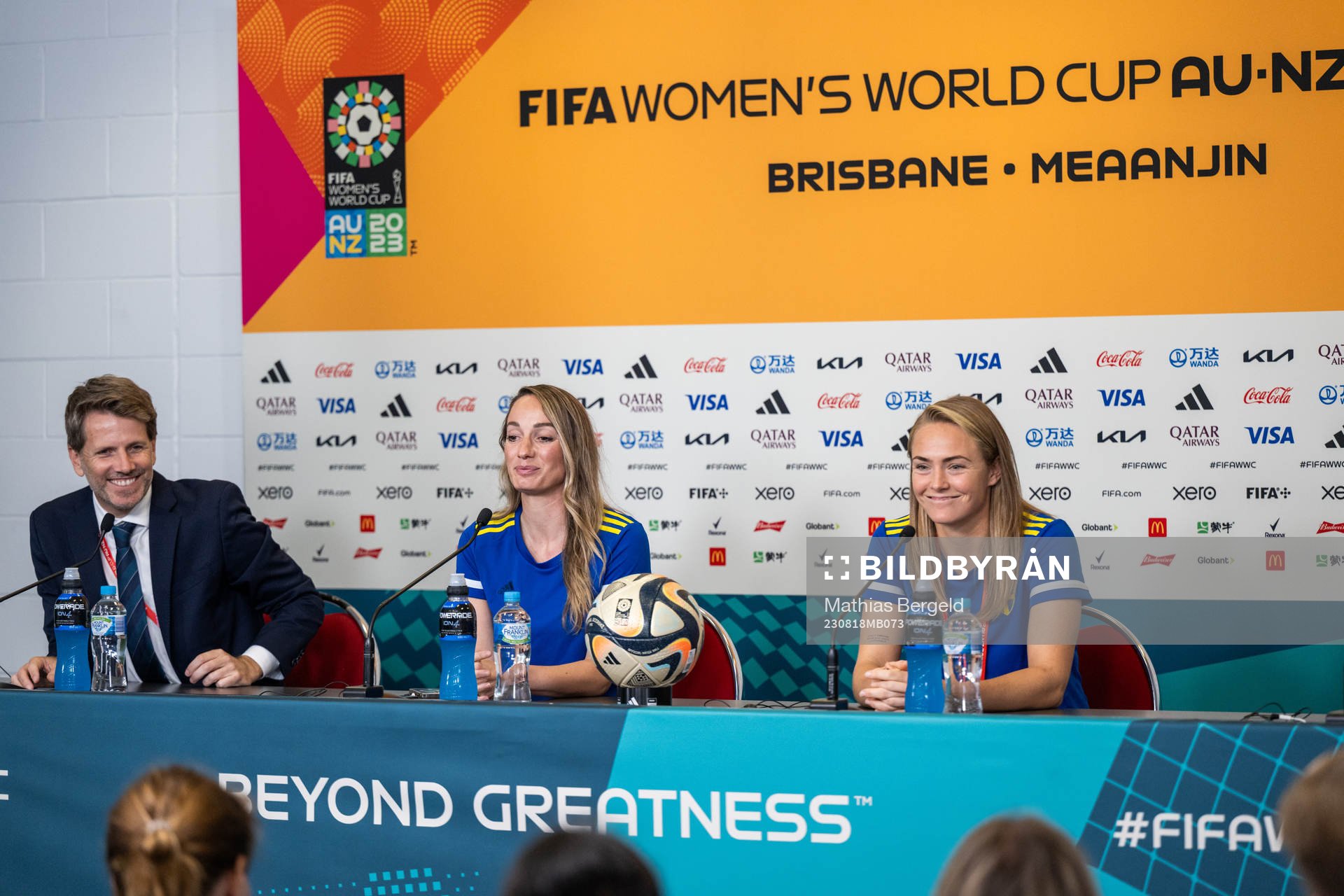 Kosovare Asllani and Magdalena Eriksson of the Swedish women's national football team at a press conference during the FIFA Women's World Cup on August 18, 2023 in Brisbane. 