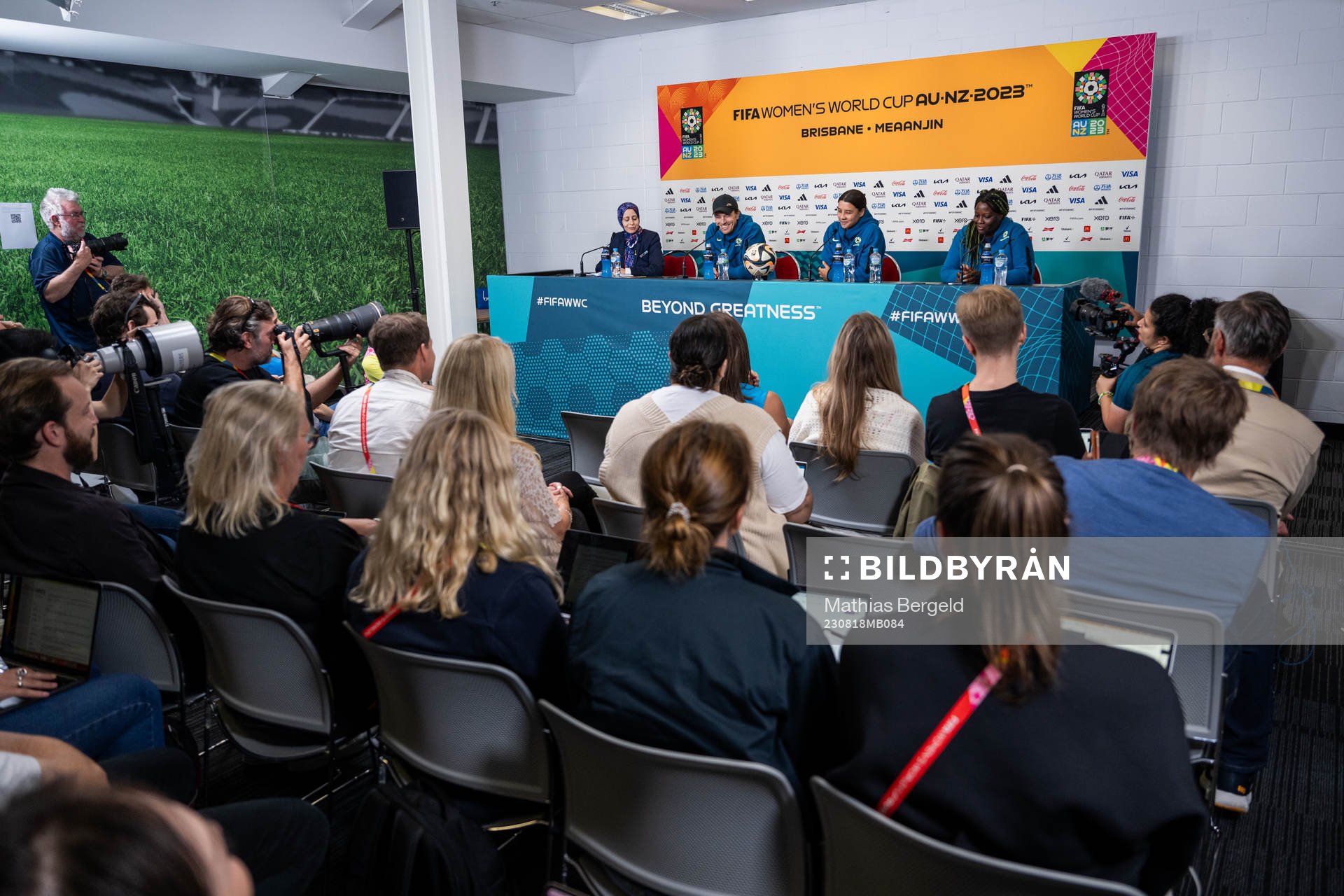 Head coach Tony Gustavsson and Sam Kerr of the Australian women's national football team at a press conference during the FIFA Women's World Cup on August 18, 2023 in Brisbane. 