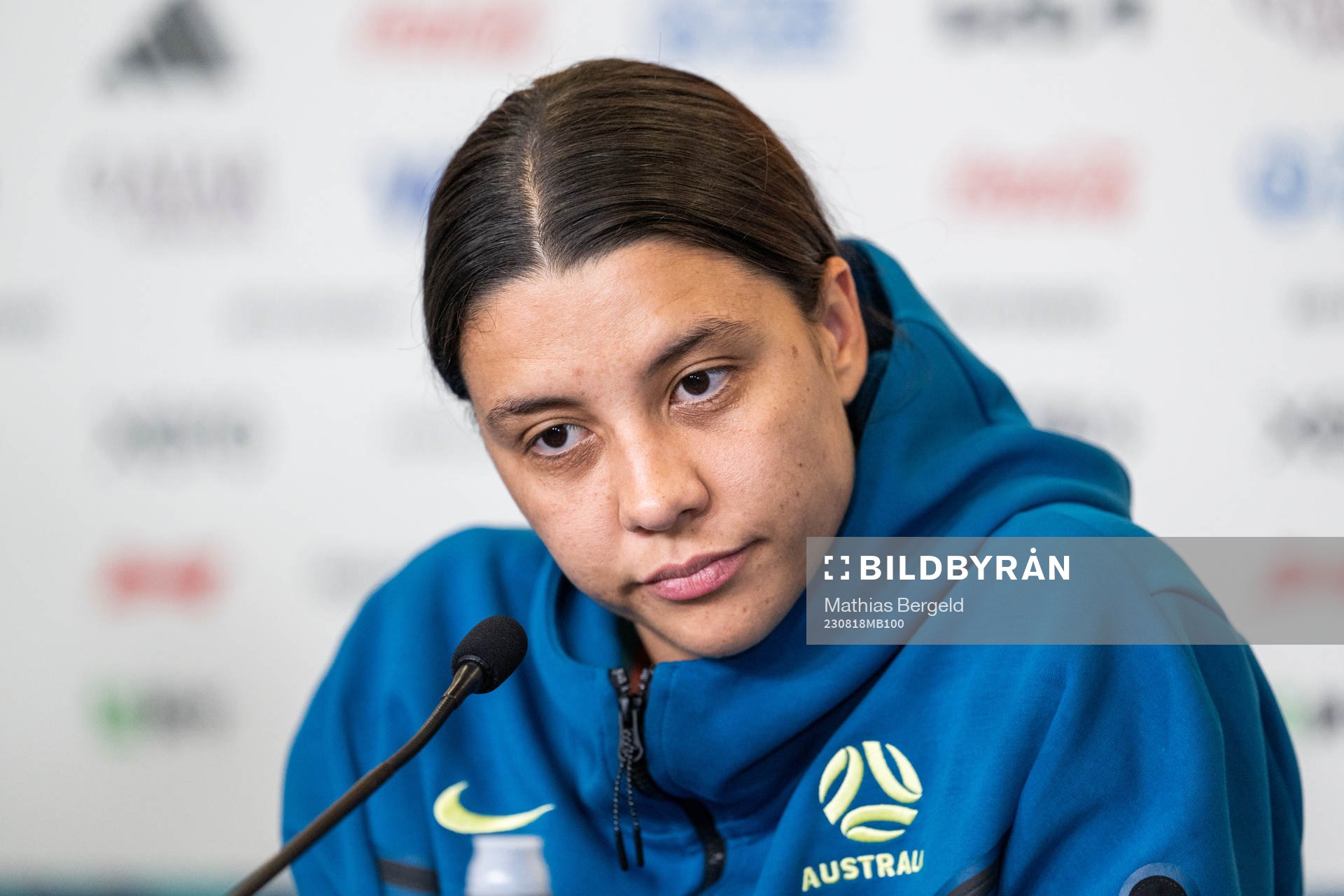 Sam Kerr of the Australian women's national football team at a press conference during the FIFA Women's World Cup on August 18, 2023 in Brisbane.