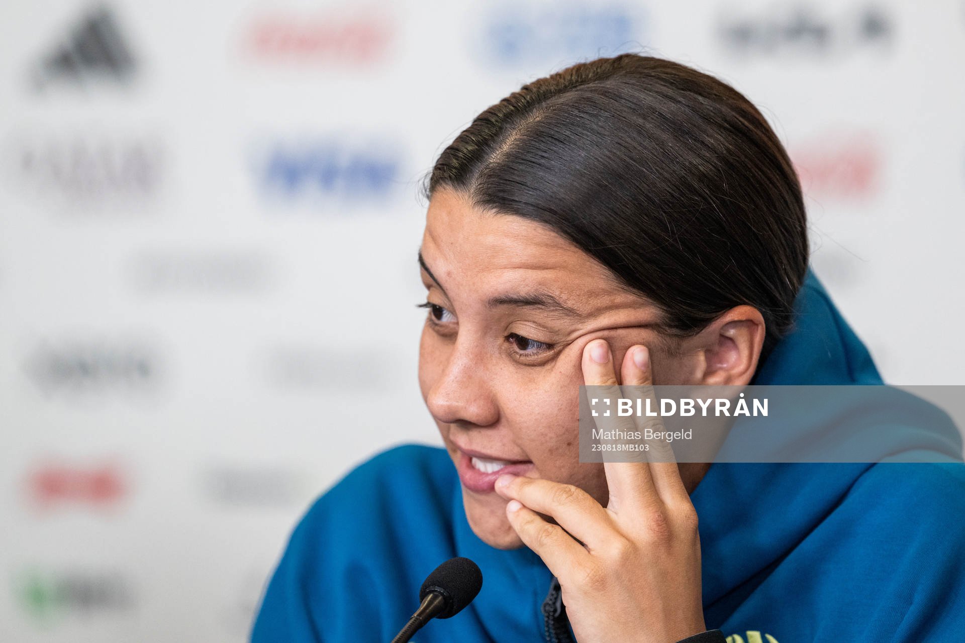 Sam Kerr of the Australian women's national football team at a press conference during the FIFA Women's World Cup on August 18, 2023 in Brisbane.