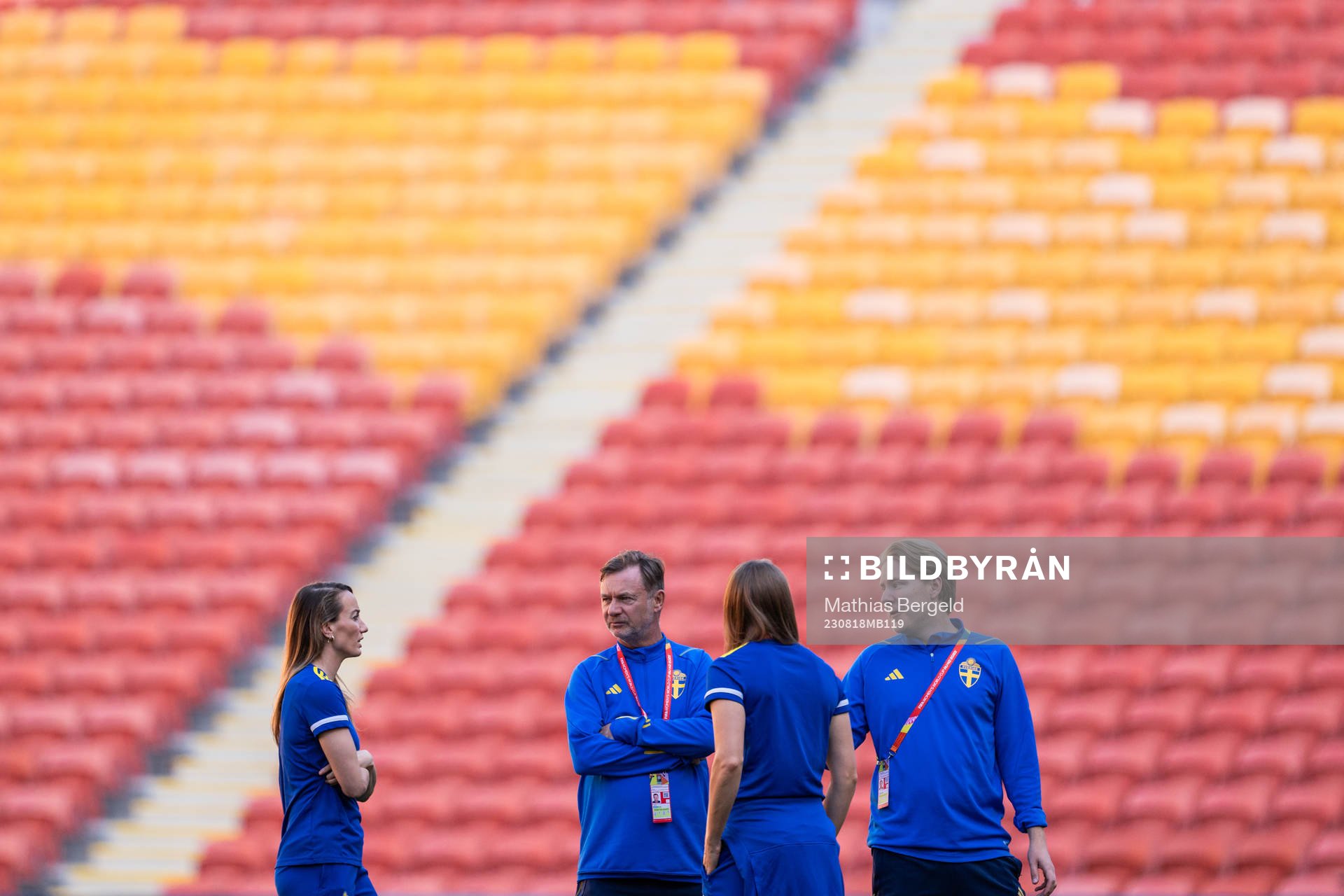 Kosovare Asllani, head coach Peter Gerhardsson, Magdalena Eriksson and press officer Fredrik Madestam of the Swedish women's national football team at a pitch familiarization during the FIFA Women's World Cup match on August 18, 2023 in Brisbane.
