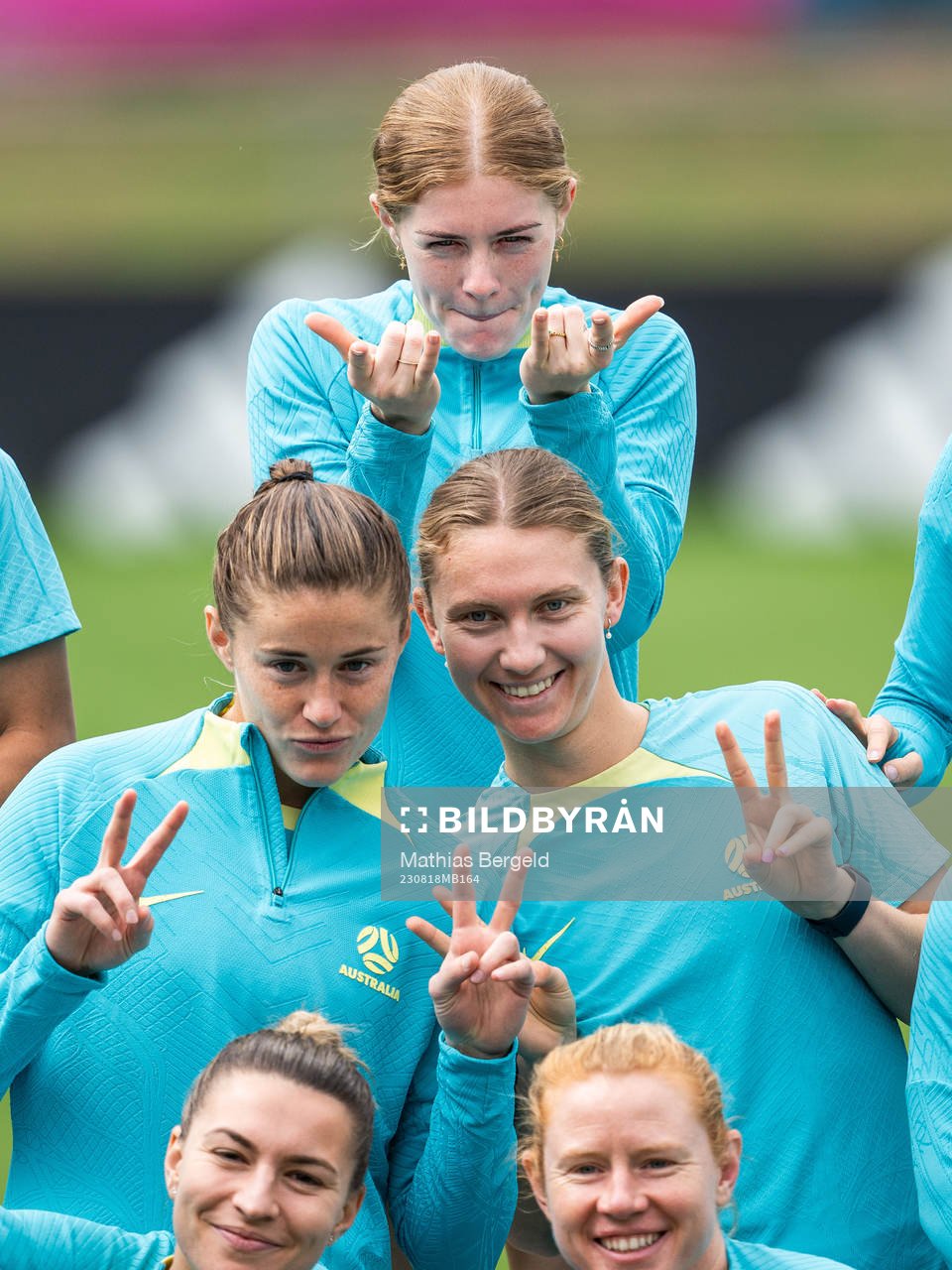 Cortnee Vine (top) with team mates of the Australian women's national football team at a training session during the FIFA Women's World Cup on August 18, 2023 in Brisbane.