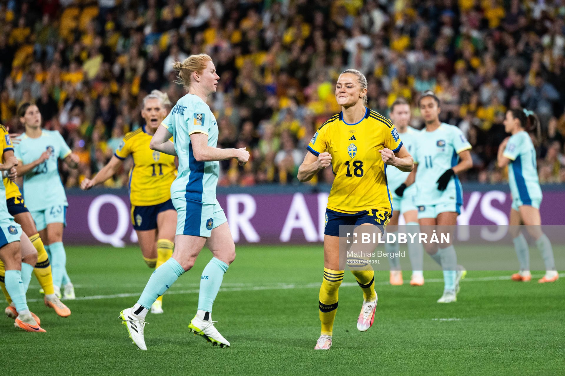 Fridolina Rolfö of Sweden celebrates after 1-0 during the FIFA Women's World Cup bronze medal match between Sweden and Australia on August 19, 2023 in Brisbane.