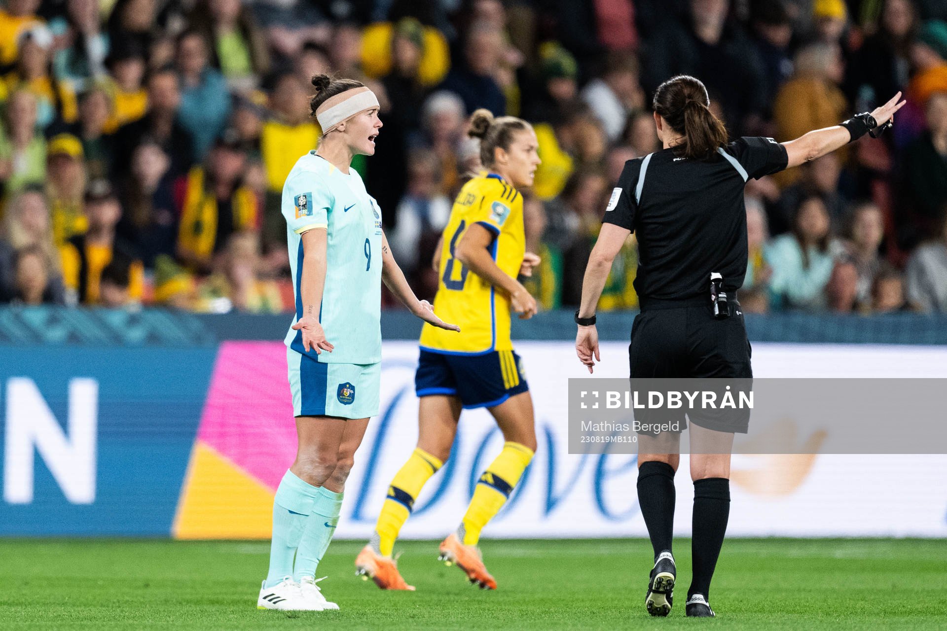 Caitlin Foord of Australia reacts to referee Cheryl Foster