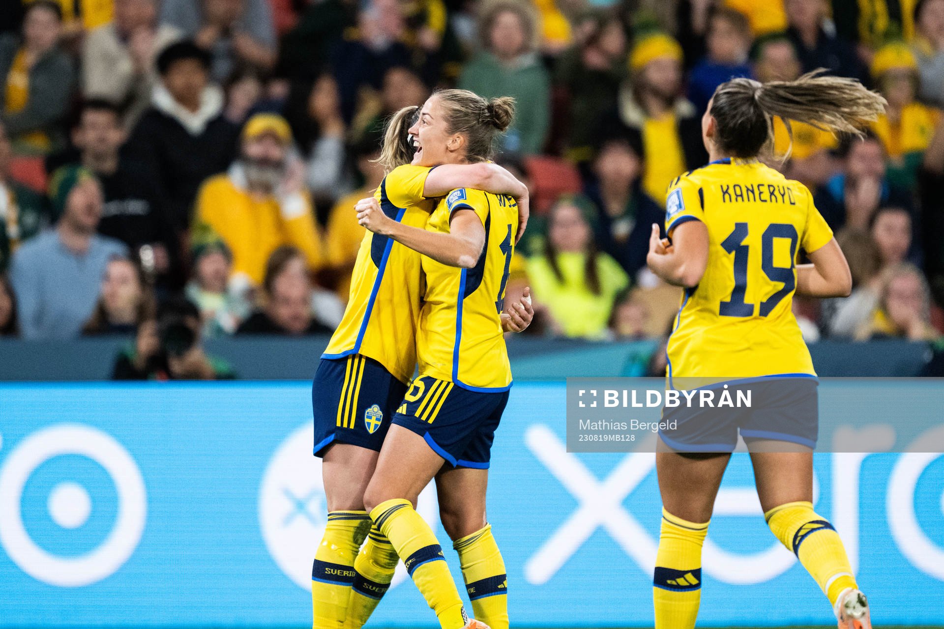 Kosovare Asllani of Sweden celebrates with Filippa Angeldahl and Johanna Rytting Kaneryd after 2-0 during the FIFA Women's World Cup bronze medal match between Sweden and Australia on August 19, 2023 in Brisbane.
