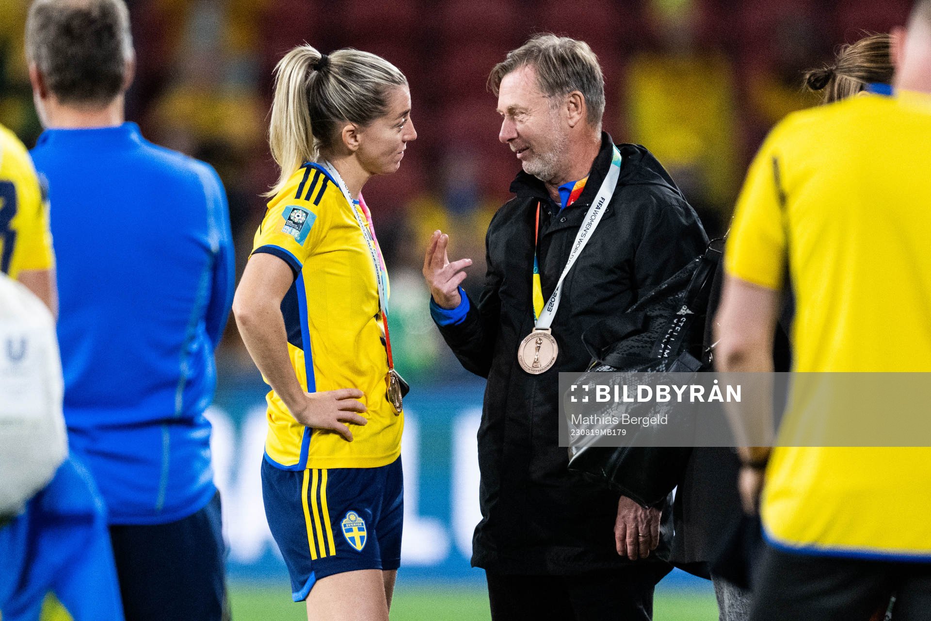 Linda Sembrant and Head coach Peter Gerhardsson of Sweden after the FIFA Women's World Cup bronze medal match between Sweden and Australia on August 19, 2023 in Brisbane.