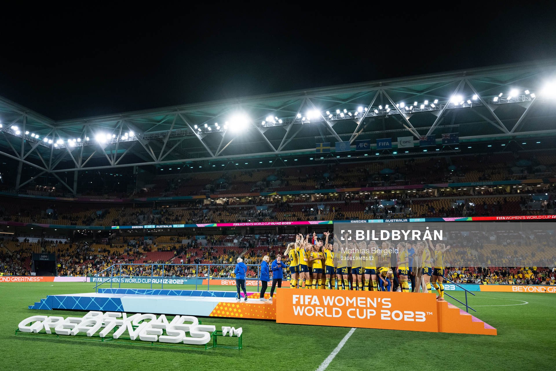 Players of Sweden celebrate with their bronze medals after the FIFA Women's World Cup bronze medal match between Sweden and Australia on August 19, 2023 in Brisbane.