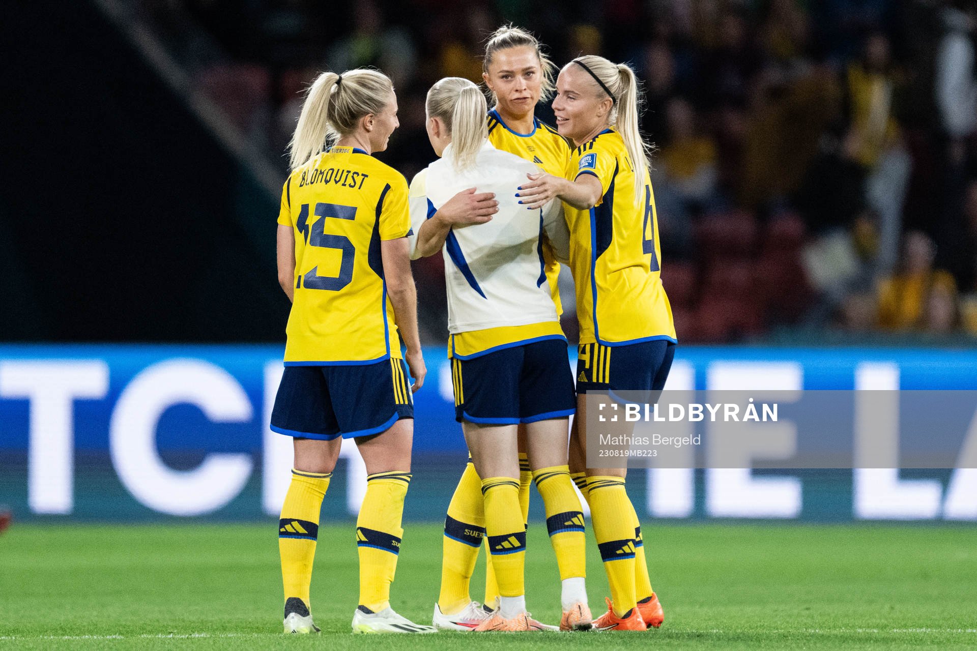 Rebecka Blomqvist, Anna Sandberg, Fridolina Rolfö, and Stina Lennartsson of Sweden celebrate after the FIFA Women's World Cup bronze medal match between Sweden and Australia on August 19, 2023 in Brisbane.
