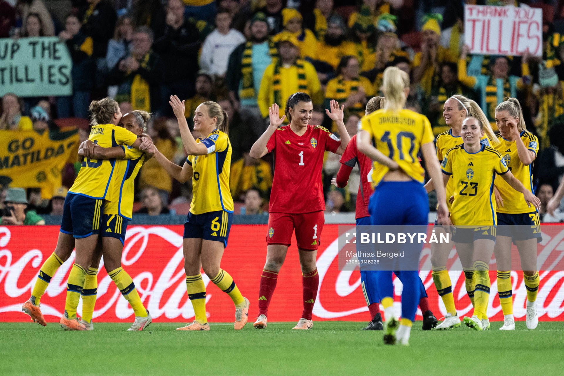 Goalkeeper Zecira Musovic of Sweden celebrates with team