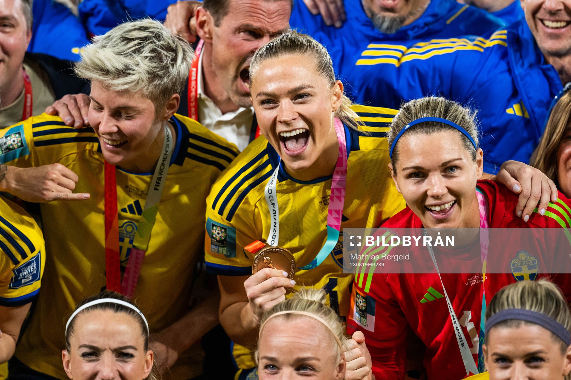Lina Hurtig, Fridolina Rolfö and goalkeeper Jennifer Falk of Sweden celebrate with their medals at the award ceremony after the FIFA Women's World Cup bronze medal match between Sweden and Australia on August 19, 2023 in Brisbane.