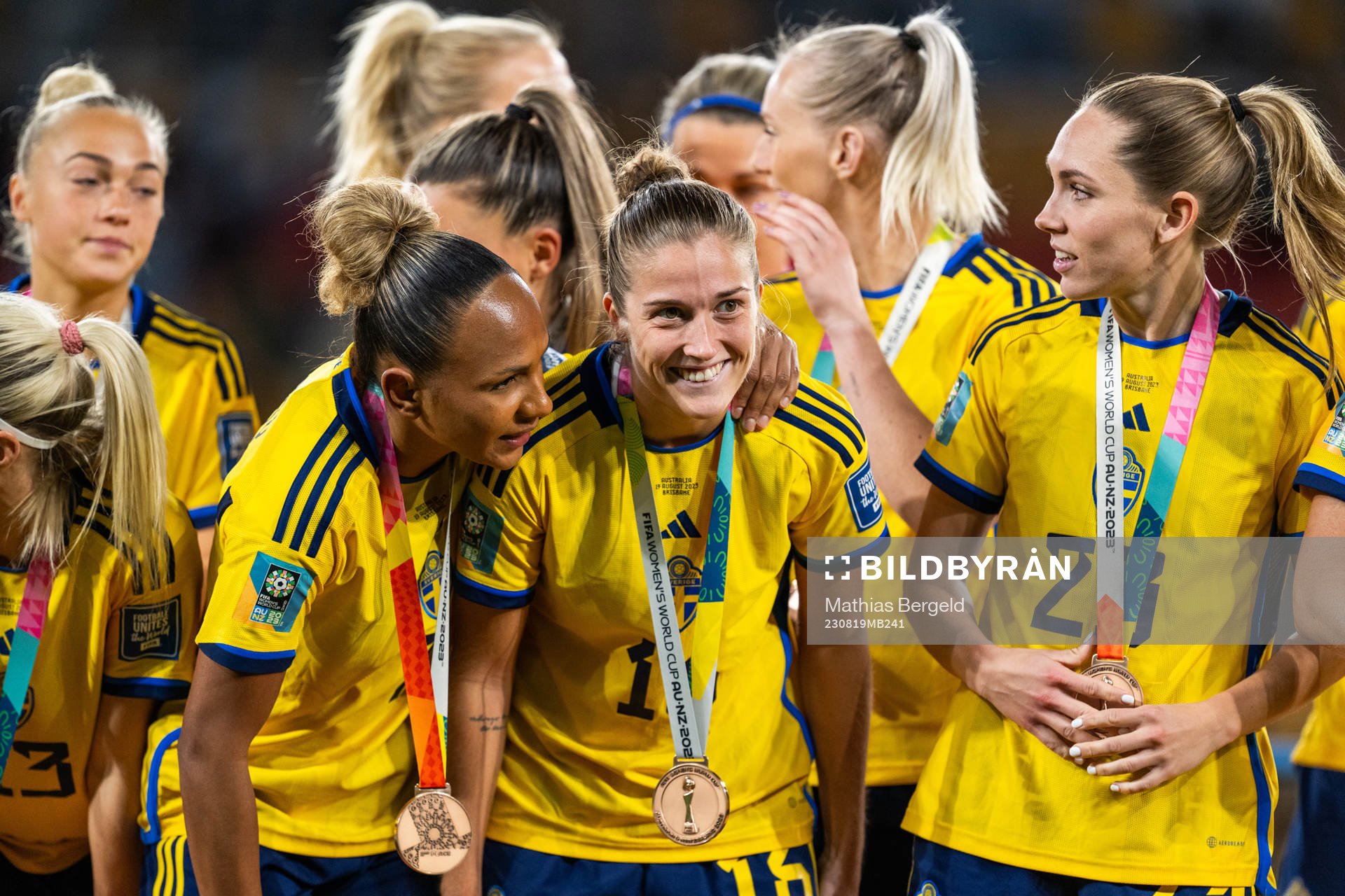 Madelen Janogy, Filippa Angeldahl and Elin Rubensson of Sweden celebrate with their medals at the award ceremony after the FIFA Women's World Cup bronze medal match between Sweden and Australia on August 19, 2023 in Brisbane.