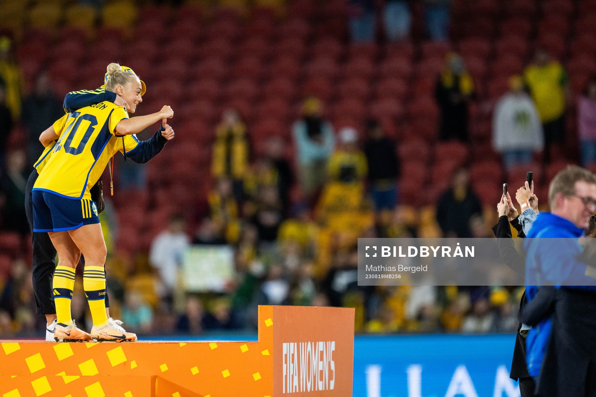 Hanna Bennison of Sweden celebrates as she poses for a photo after the FIFA Women's World Cup bronze medal match between Sweden and Australia on August 19, 2023 in Brisbane.