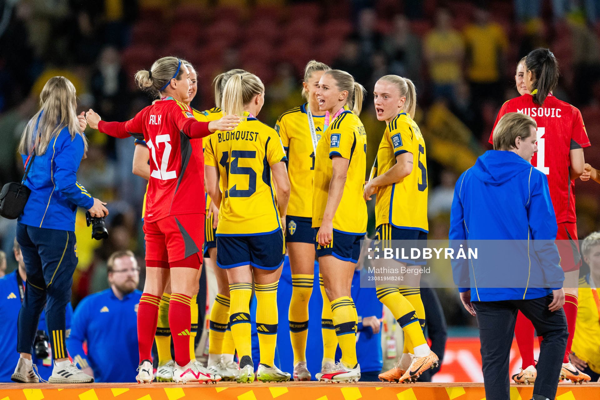 Goalkeeper Jennifer Falk, Rebecka Blomqvist, Jonna Andersson amd Anna Sandberg of Sweden celebrate after the FIFA Women's World Cup bronze medal match between Sweden and Australia on August 19, 2023 in Brisbane.
