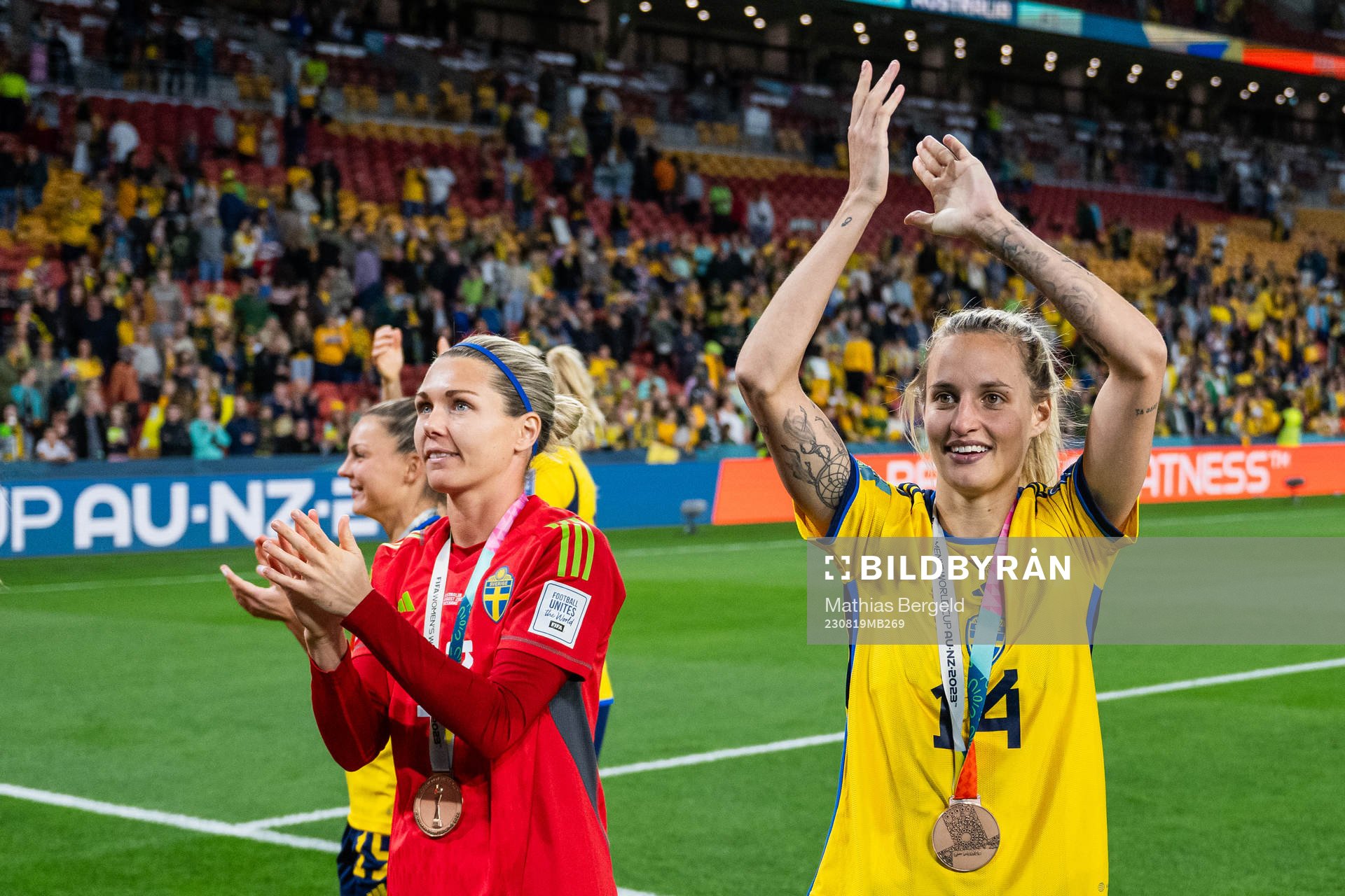 Goalkeeper Jennifer Falk and Nathalie Björn of Sweden