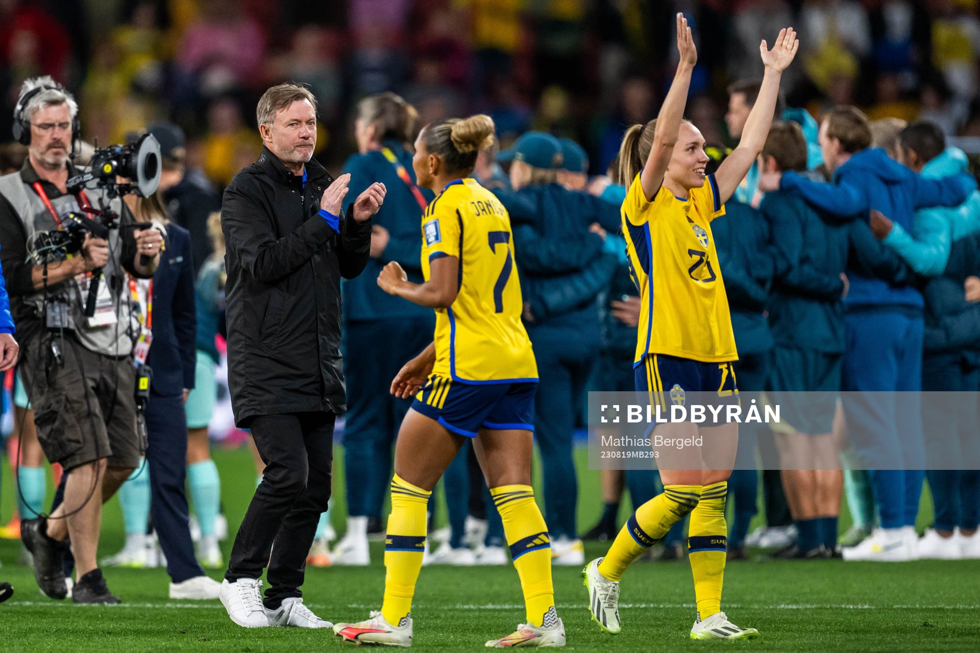 Head coach Peter Gerhardsson, Madelen Janogy and Elin Rubensson of Sweden celebrate after the FIFA Women's World Cup bronze medal match between Sweden and Australia on August 19, 2023 in Brisbane.
