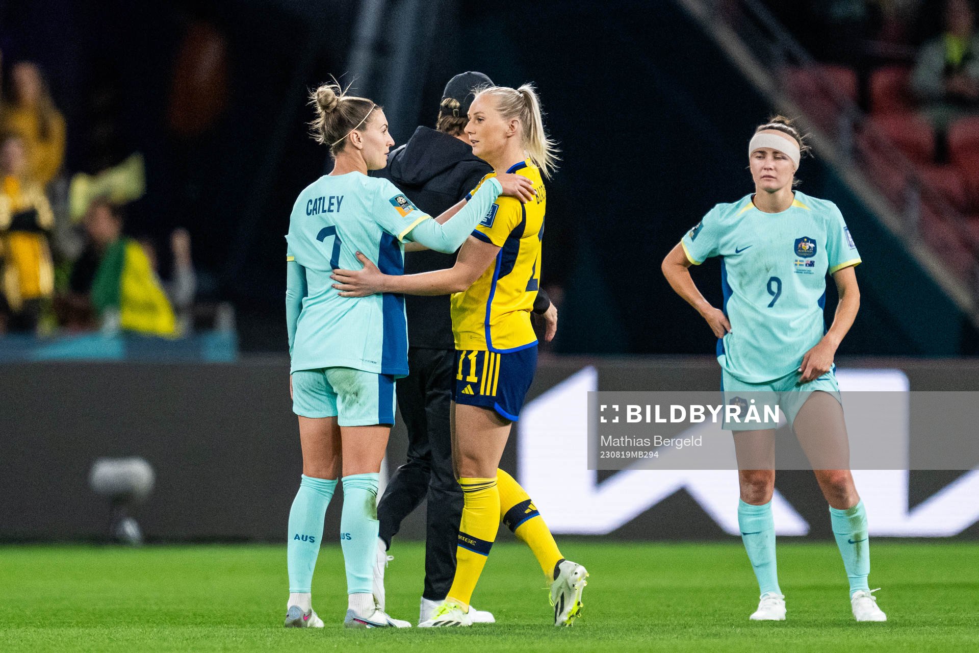Steph Catley of Australia and Stina Blackstenius of Sweden