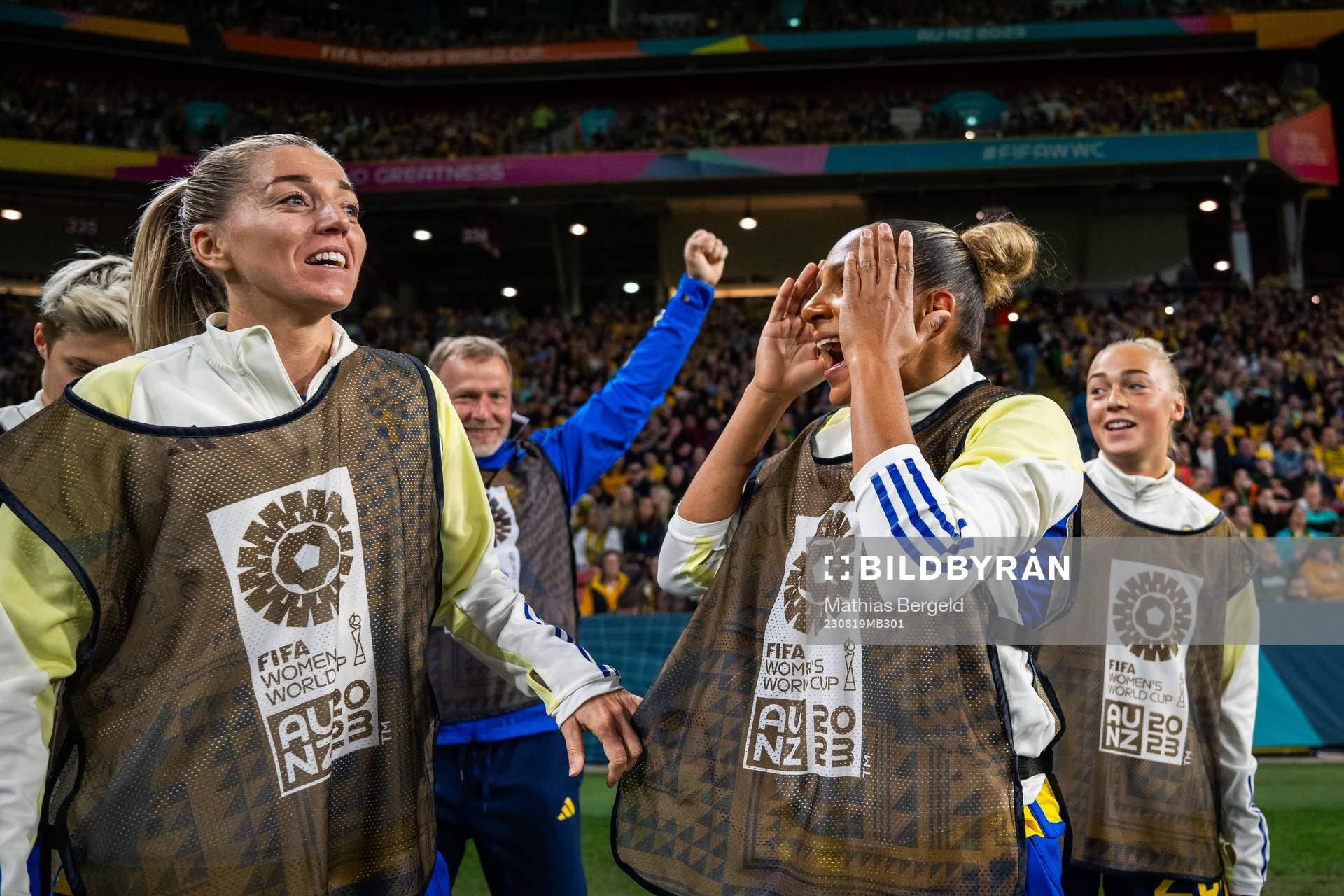 Linda Sembrant, performance manager Pontus Ekblom, Madelen Janogy and Hanna Bennison of Sweden celebrate after Kosovare Asllani (not pictured) scored 2-0 during the FIFA Women's World Cup bronze medal match between Sweden and Australia on August 19, 2023 in Brisbane.