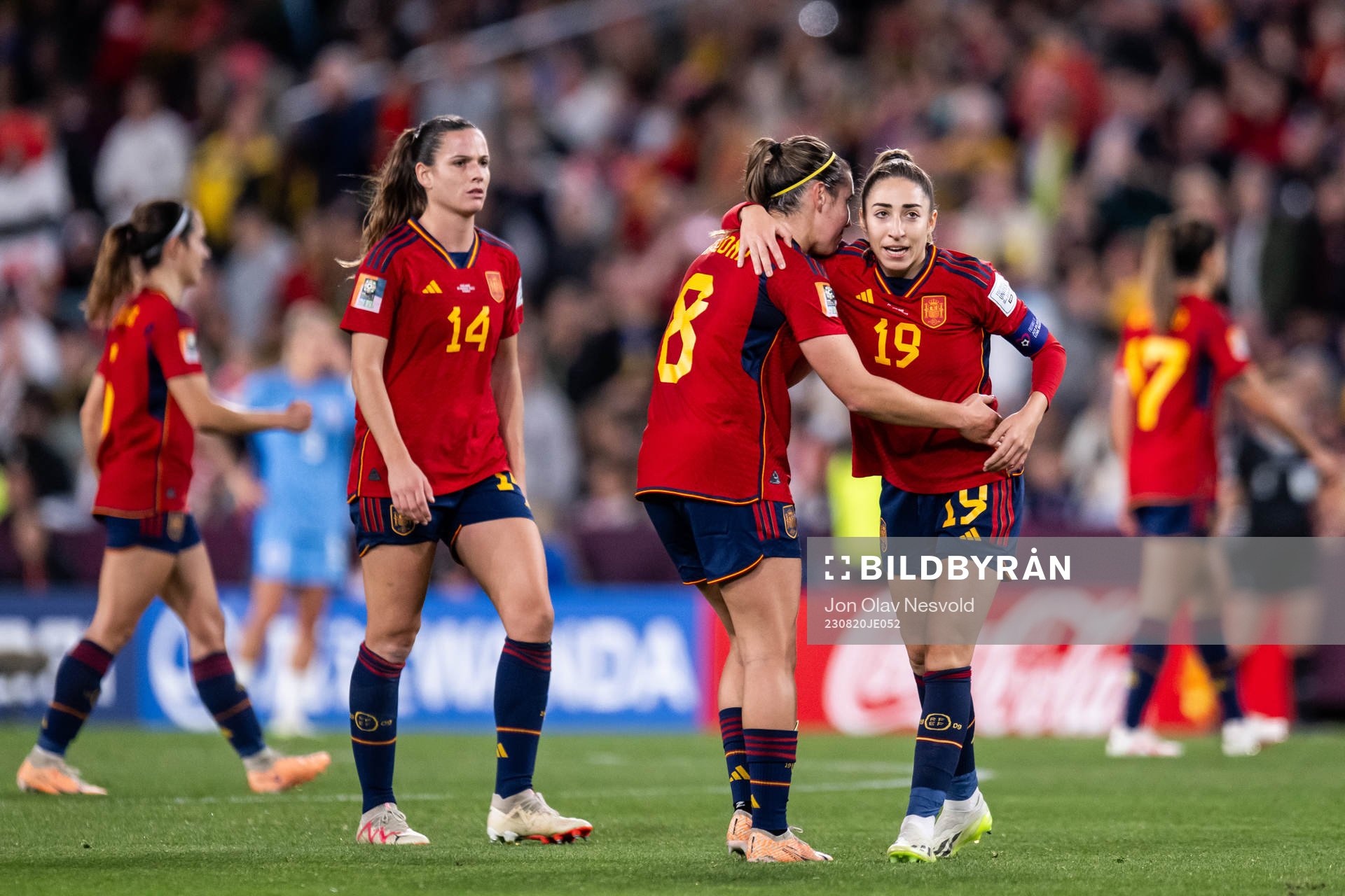 Mariona Caldentey and Olga Carmona of Spain celebrate