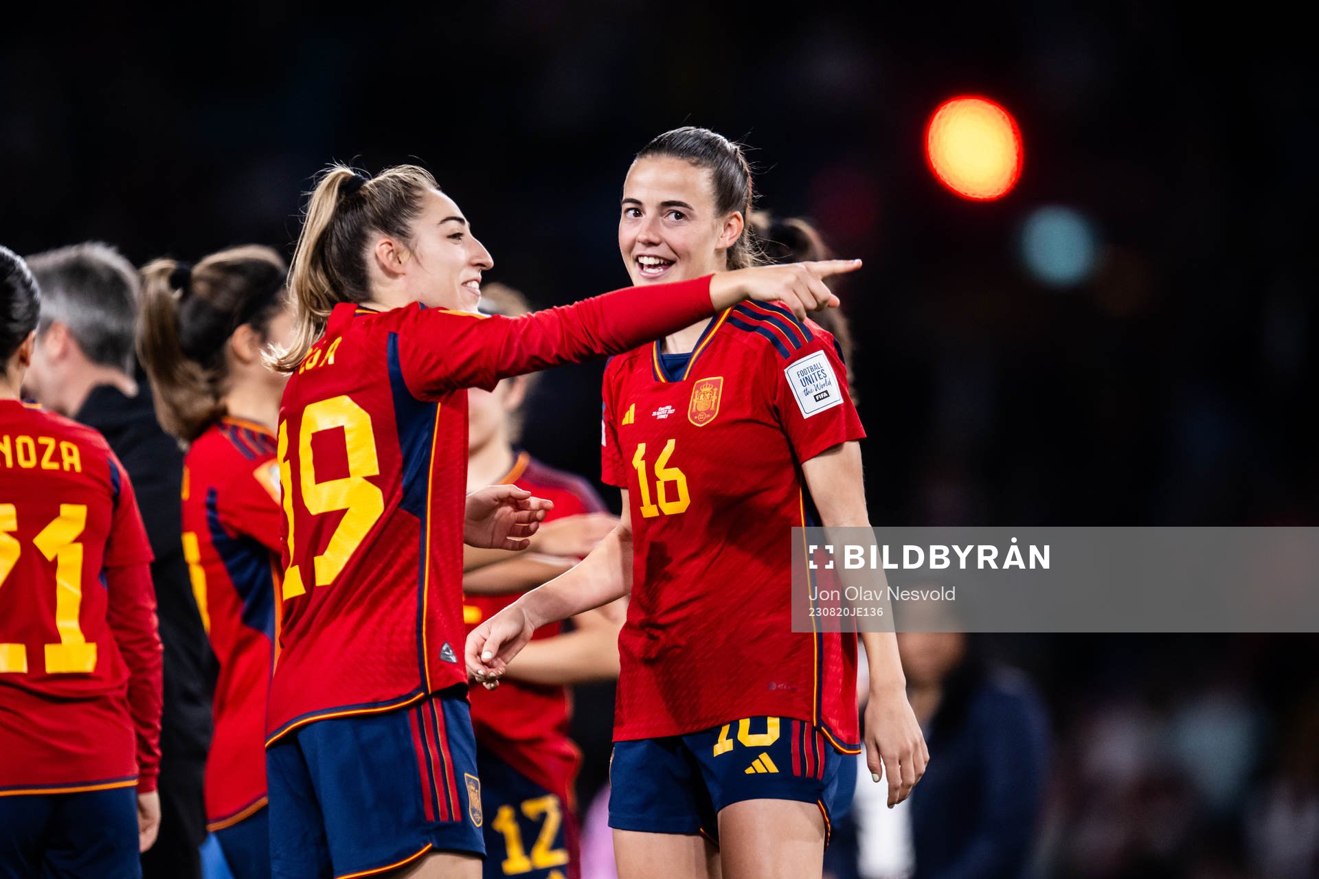 Olga Carmona and Maria Perez of Spain celebrate
