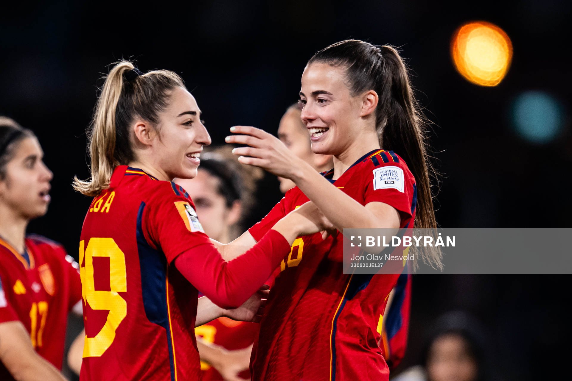 Olga Carmona and Maria Perez of Spain celebrate