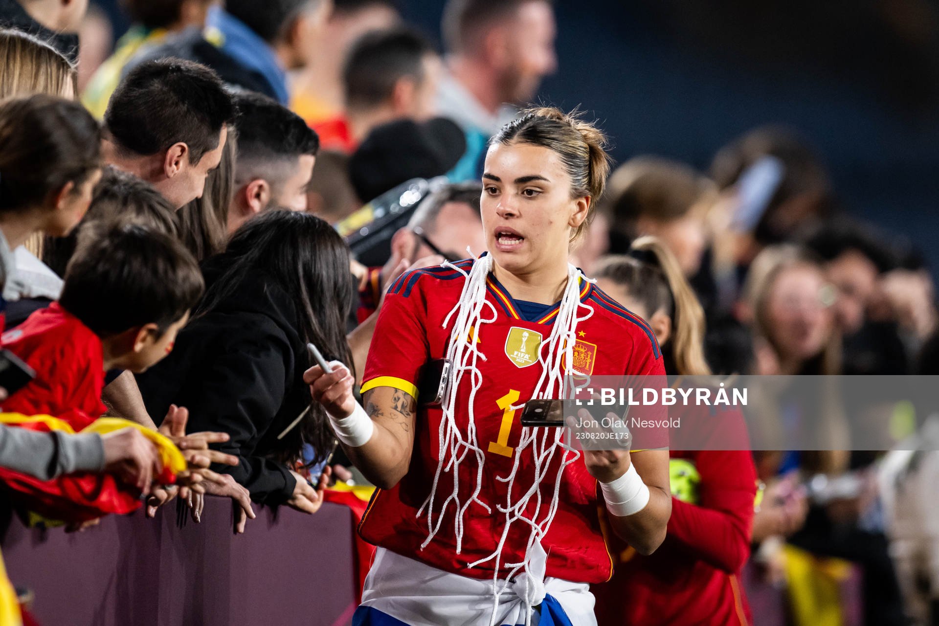 Goalkeeper Misa Rodriguez of Spain celebrate with fans