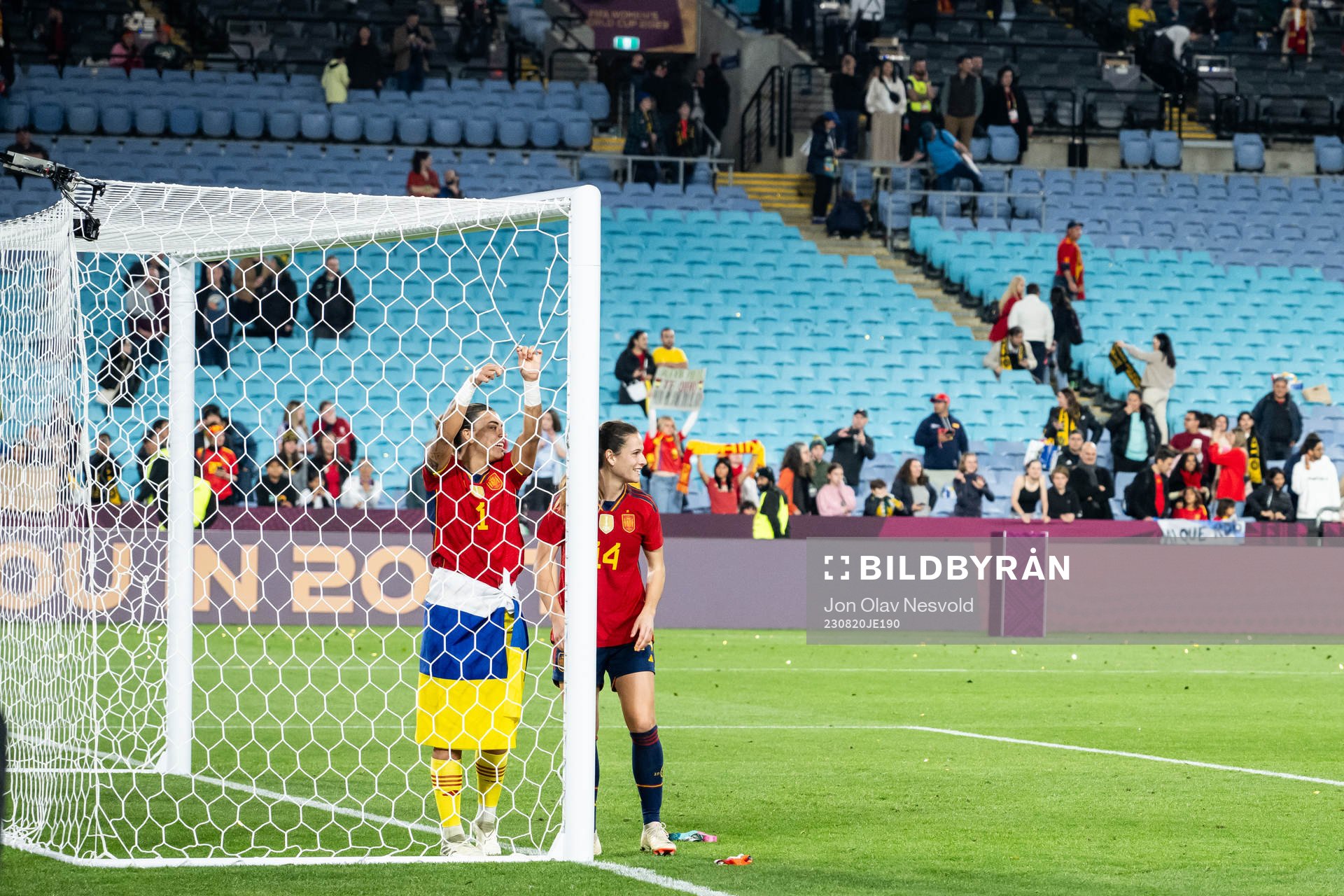 Goalkeeper Misa Rodriguez and Laia Codina of Spain