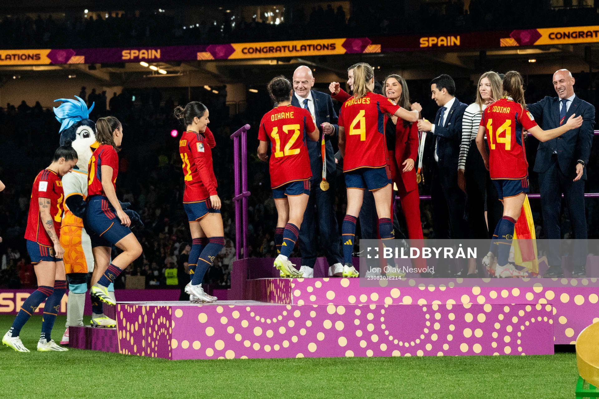 Jennifer Hermoso of Spain (far left), FIFA president Gianni Infantino (middle) and Luis Rubiales, President of the Spanish Football Association, (far right) during the the award ceremony after FIFA Women's World Cup final between Spain and England on August 20, 2023 in Sydney.