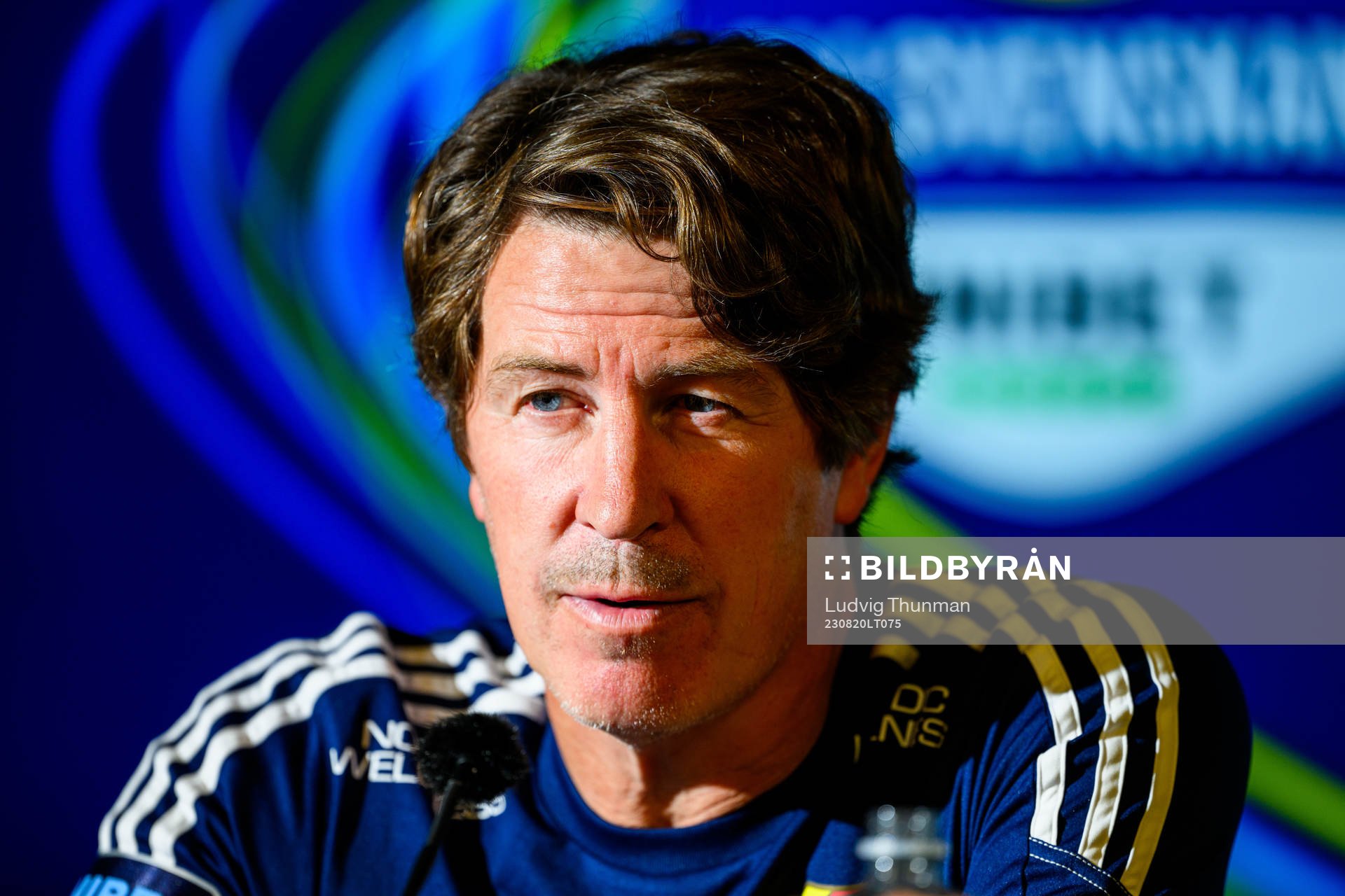 Djurgårdens tränare Thomas Lagerlöf på presskonferensen efter fotbollsmatchen i Allsvenskan mellan Malmö FF och Djurgården den 20 augusti 2023 i Malmö.
