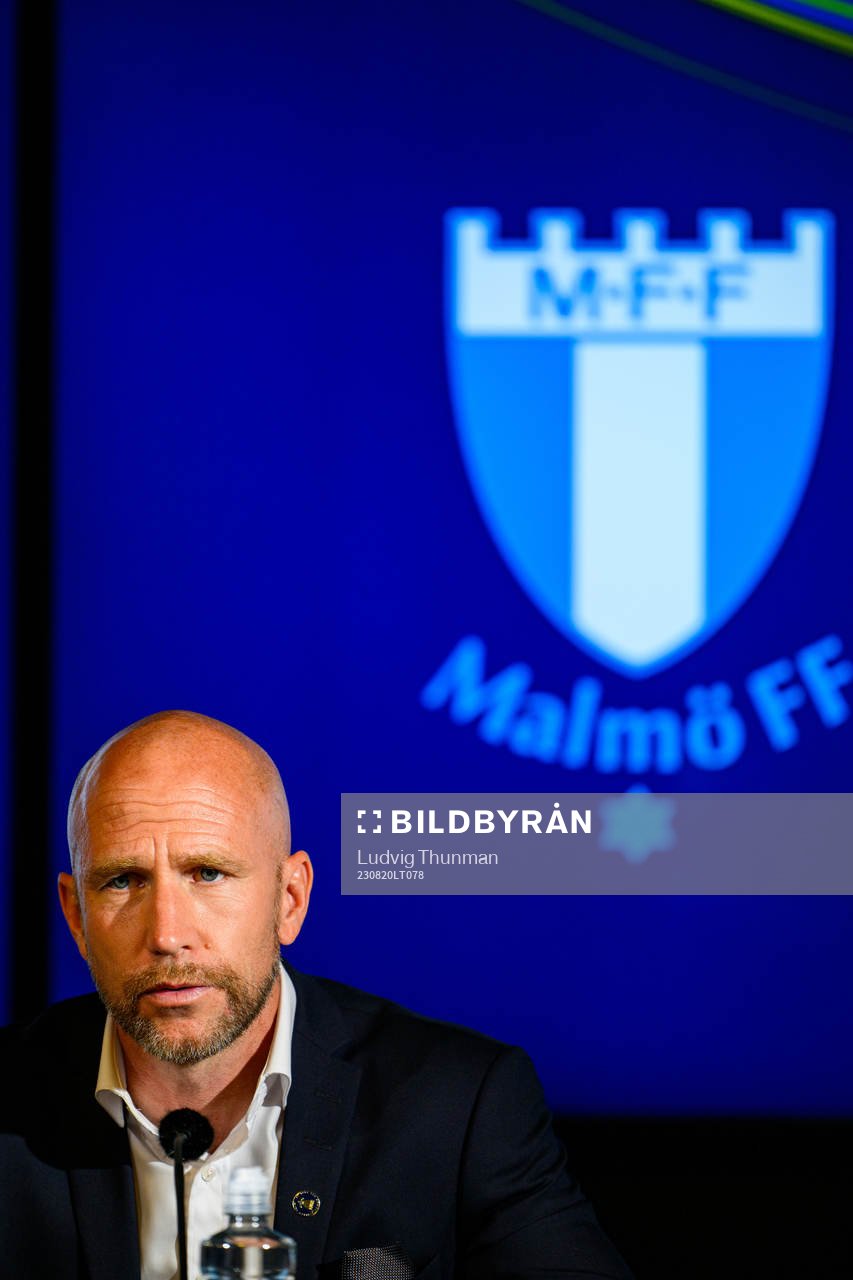 Malmö FFs tränare Henrik Rydström på presskonferensen efter fotbollsmatchen i Allsvenskan mellan Malmö FF och Djurgården den 20 augusti 2023 i Malmö.