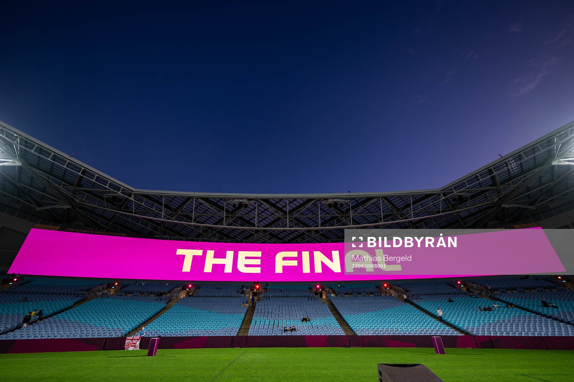 A screen with the word ”Final” is seen in Stadium Australia ahead of the FIFA Women's World Cup final between Spain and England on August 20, 2023 in Sydney.