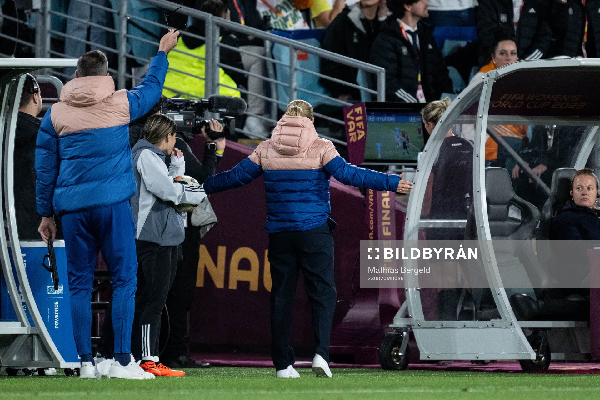 Head coach Sarina Wiegman of England reacts to referee Tori
