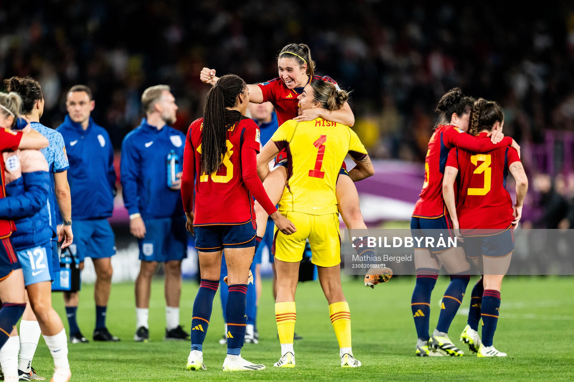Mariona Caldentey and goalkeeper Misa Rodriguez of Spain