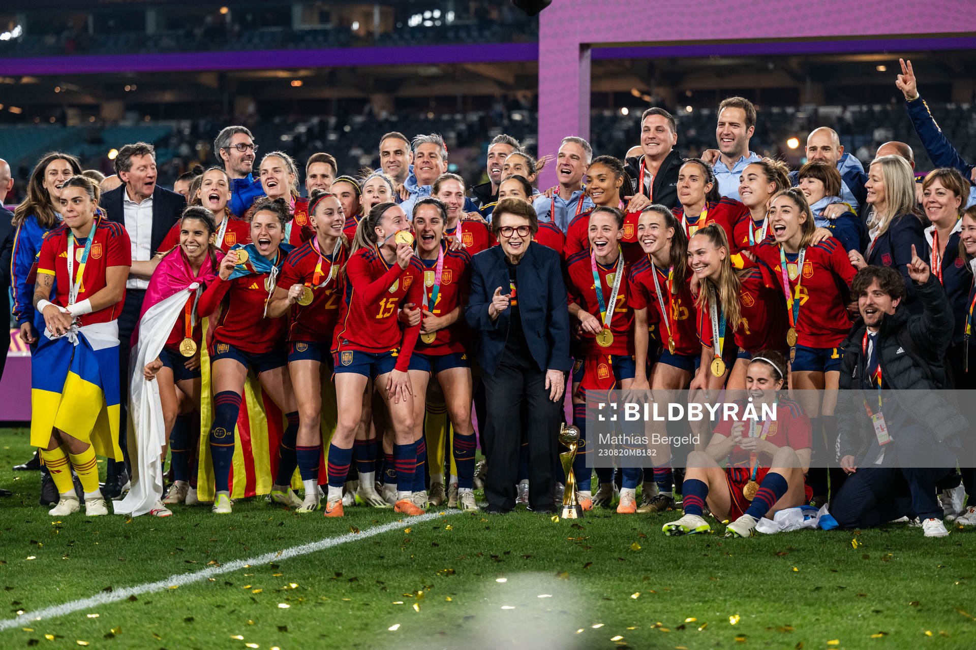 Players of Spain celebrate with their medals as they pose